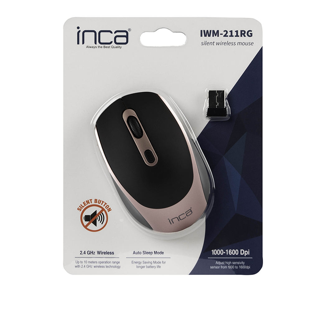 Produktverpackung für eine geräuschlose drahtlose Maus mit schwarz-roségoldenem Design.