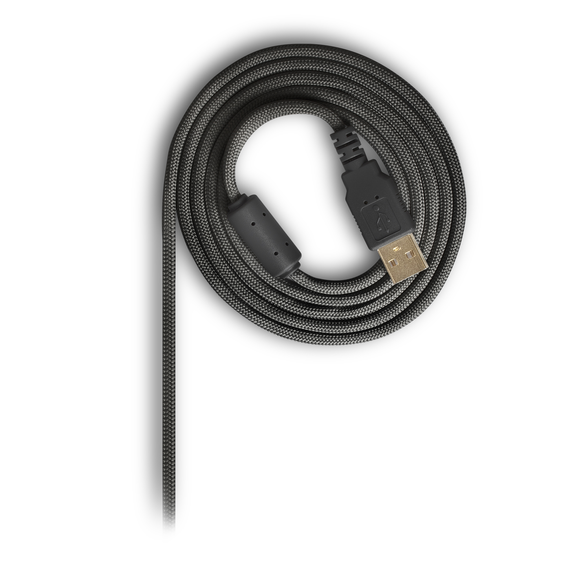 Zwinięty czarny kabel USB ze złączem USB-A.