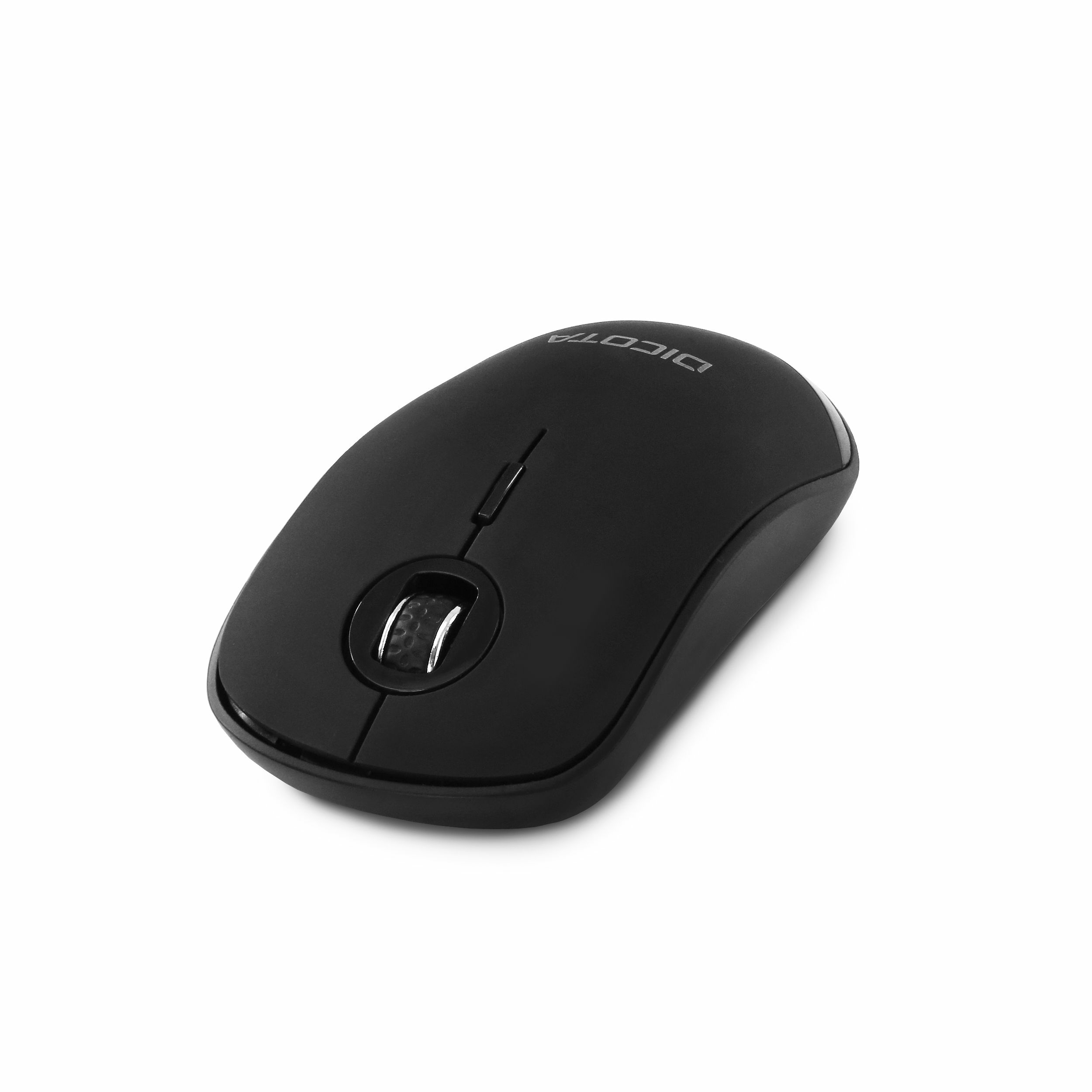 Mouse per computer nero con rotella di scorrimento e due pulsanti principali, su sfondo bianco.