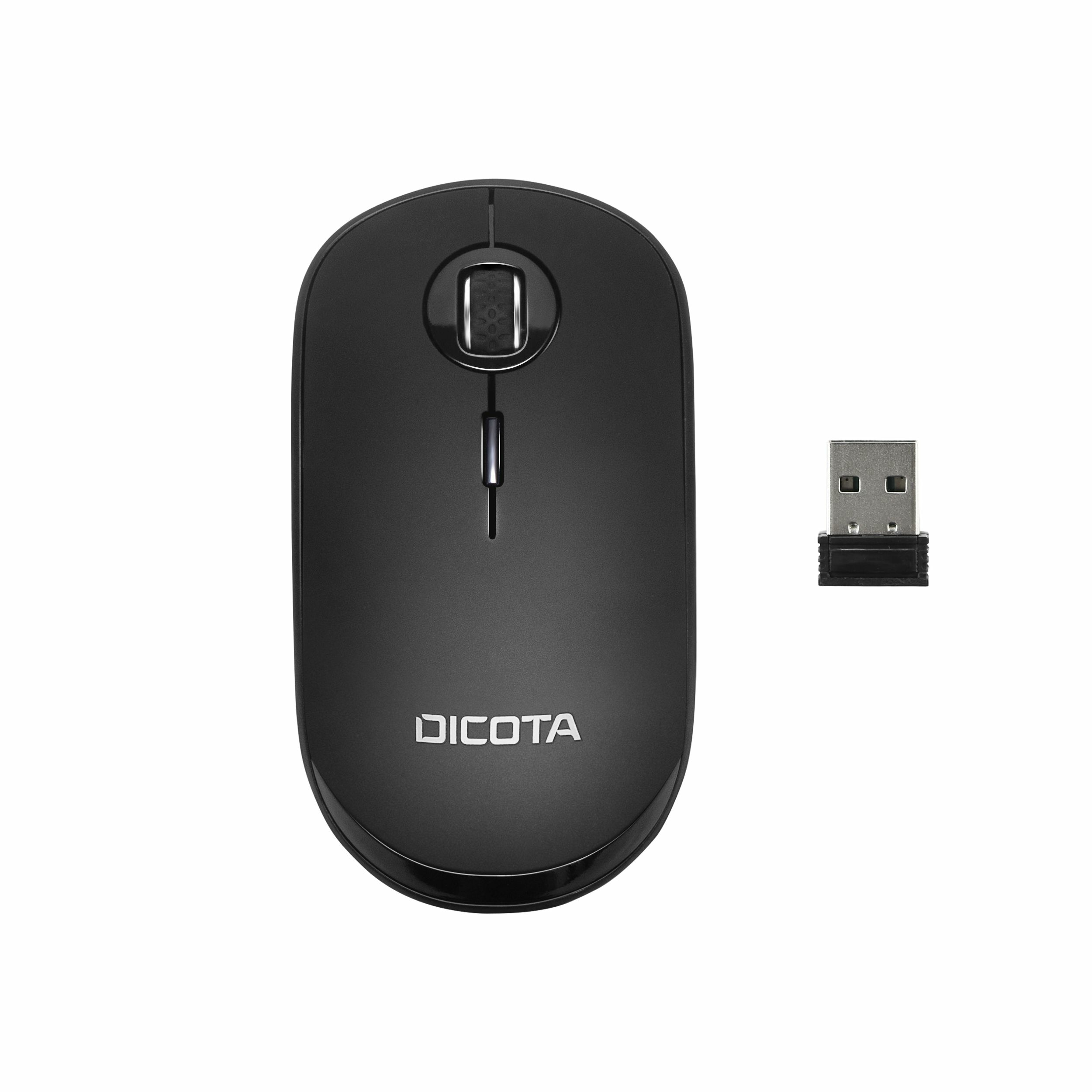 Mouse wireless nero con ricevitore USB, marchio DICOTA.