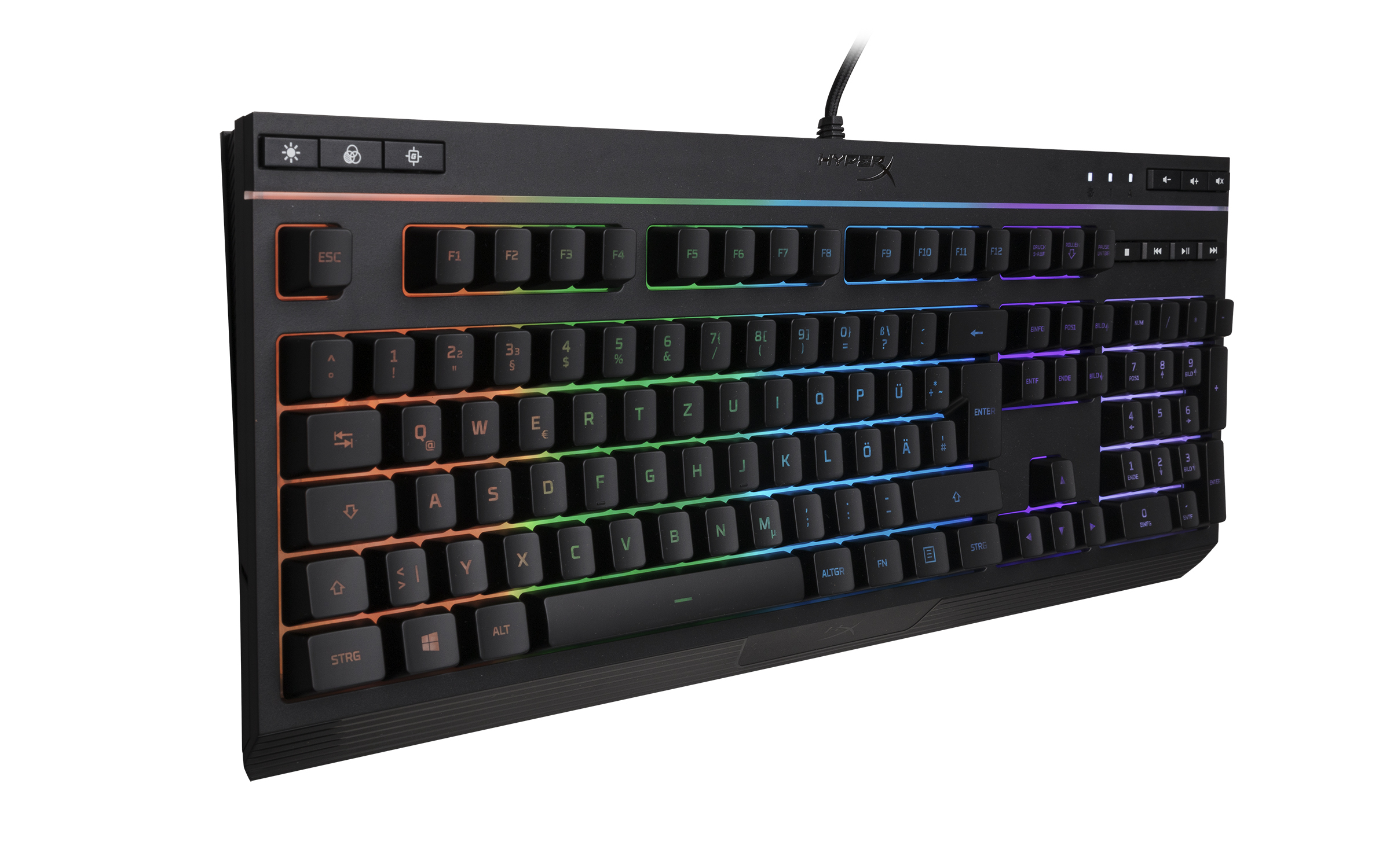 Eine schwarze Gaming-Tastatur mit mehrfarbigen Tasten, die das Layout und die Beleuchtung zeigt.