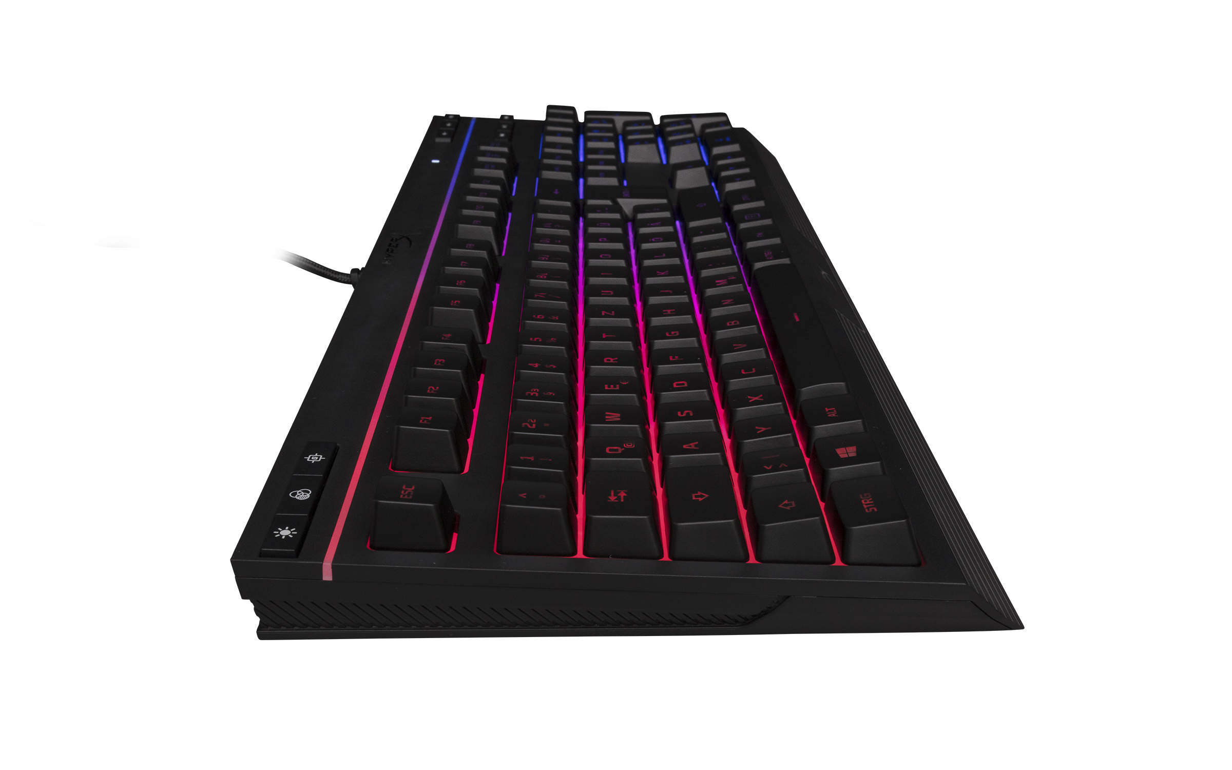 Schwarze Gaming-Tastatur mit beleuchteten Tasten auf weißem Hintergrund.