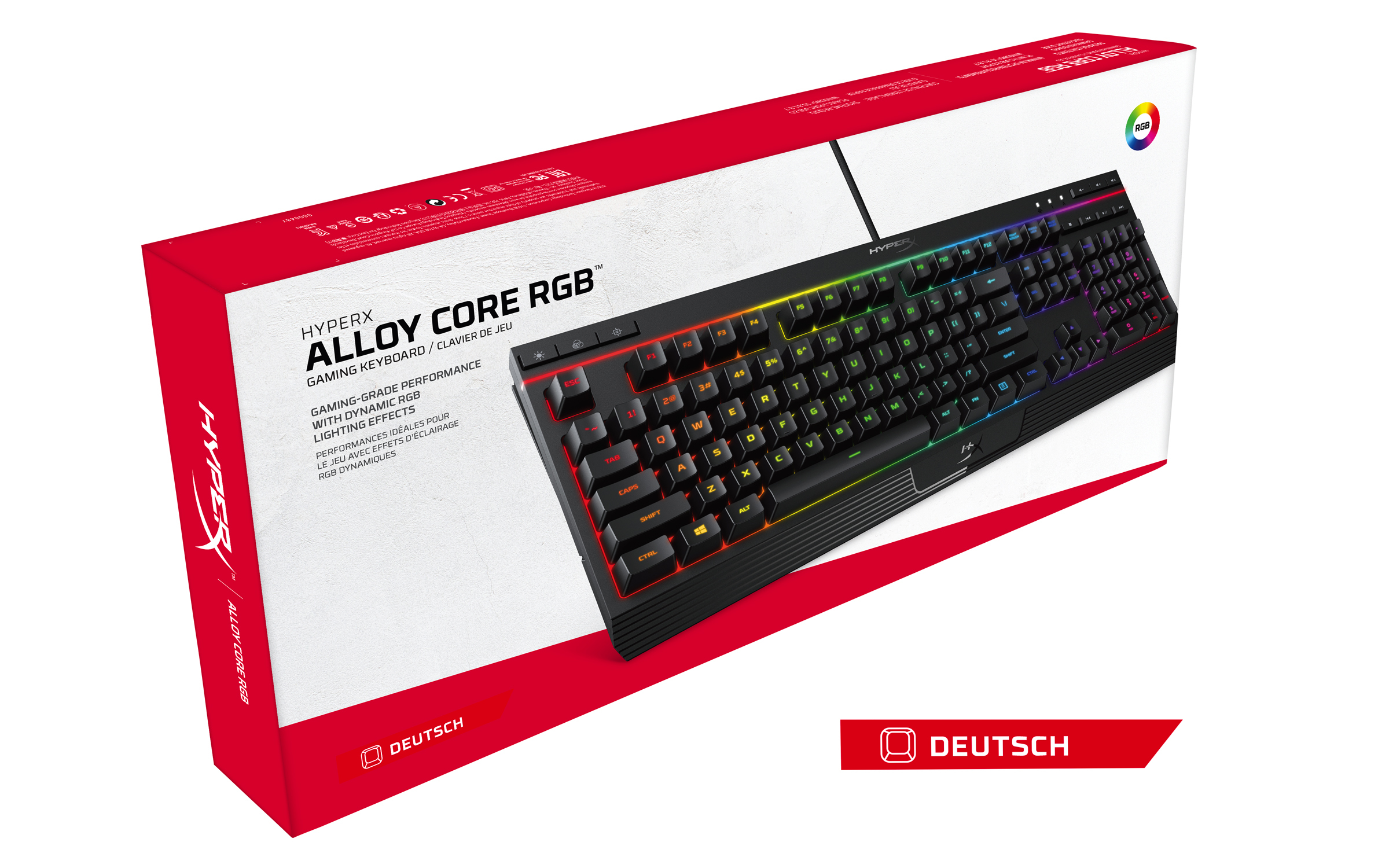 Tastatur in einer Box, mit RGB-Beleuchtung und dem Wort 'deutsch' auf der Box.