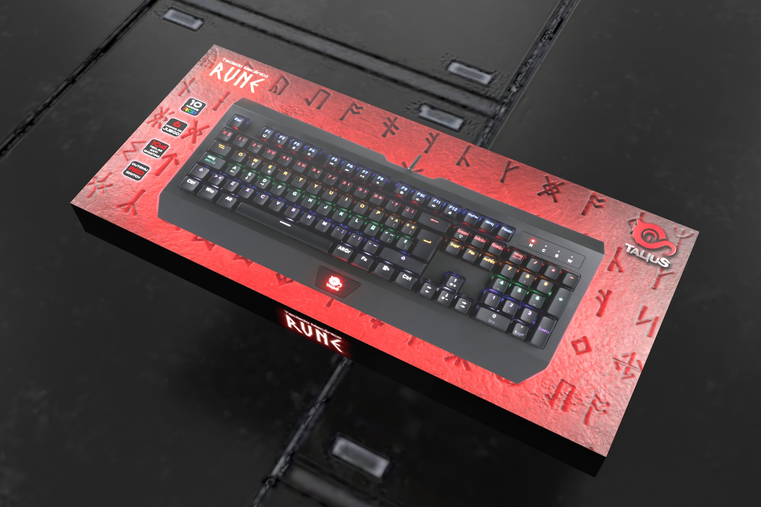 Un teclado negro en una caja con teclas coloridas sobre una superficie roja con runas.