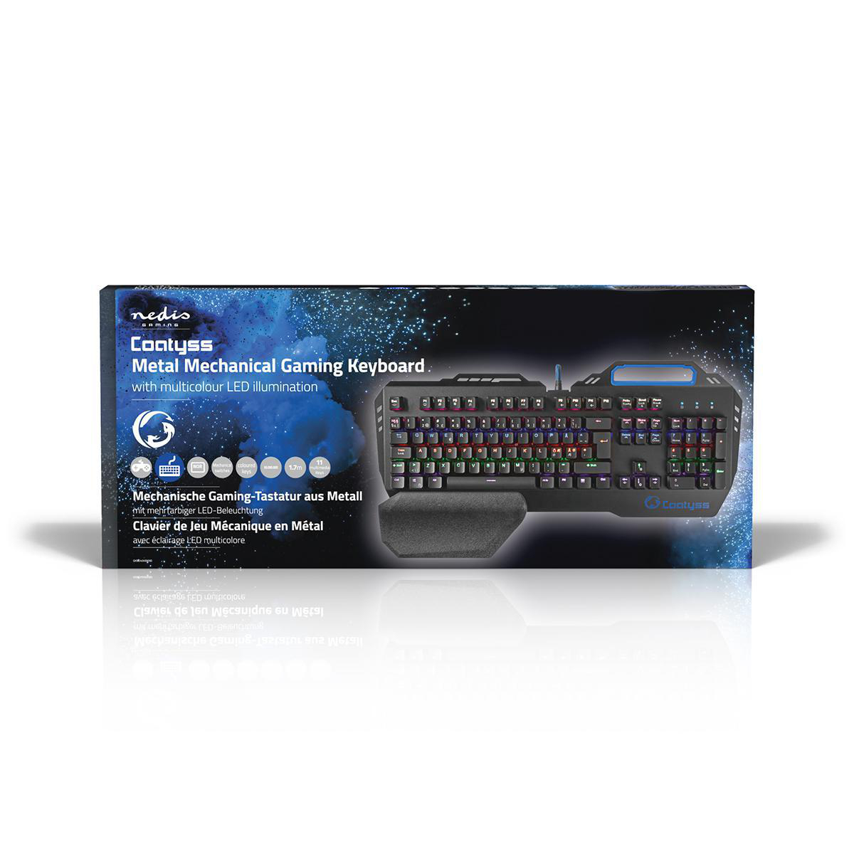 Gaming-Tastatur-Box mit Tastaturbild. Die Tastatur ist schwarz mit RGB-Tasten und Handballenauflage.