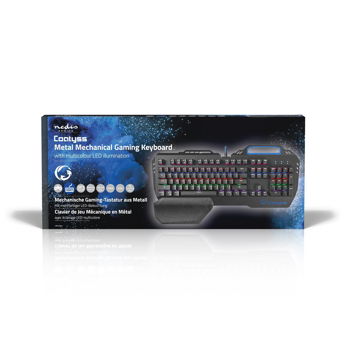 Eine Tastaturbox mit dem Namen 'Contyss'. Die Tastatur ist schwarz mit bunten Tasten und Handgelenkauflage.