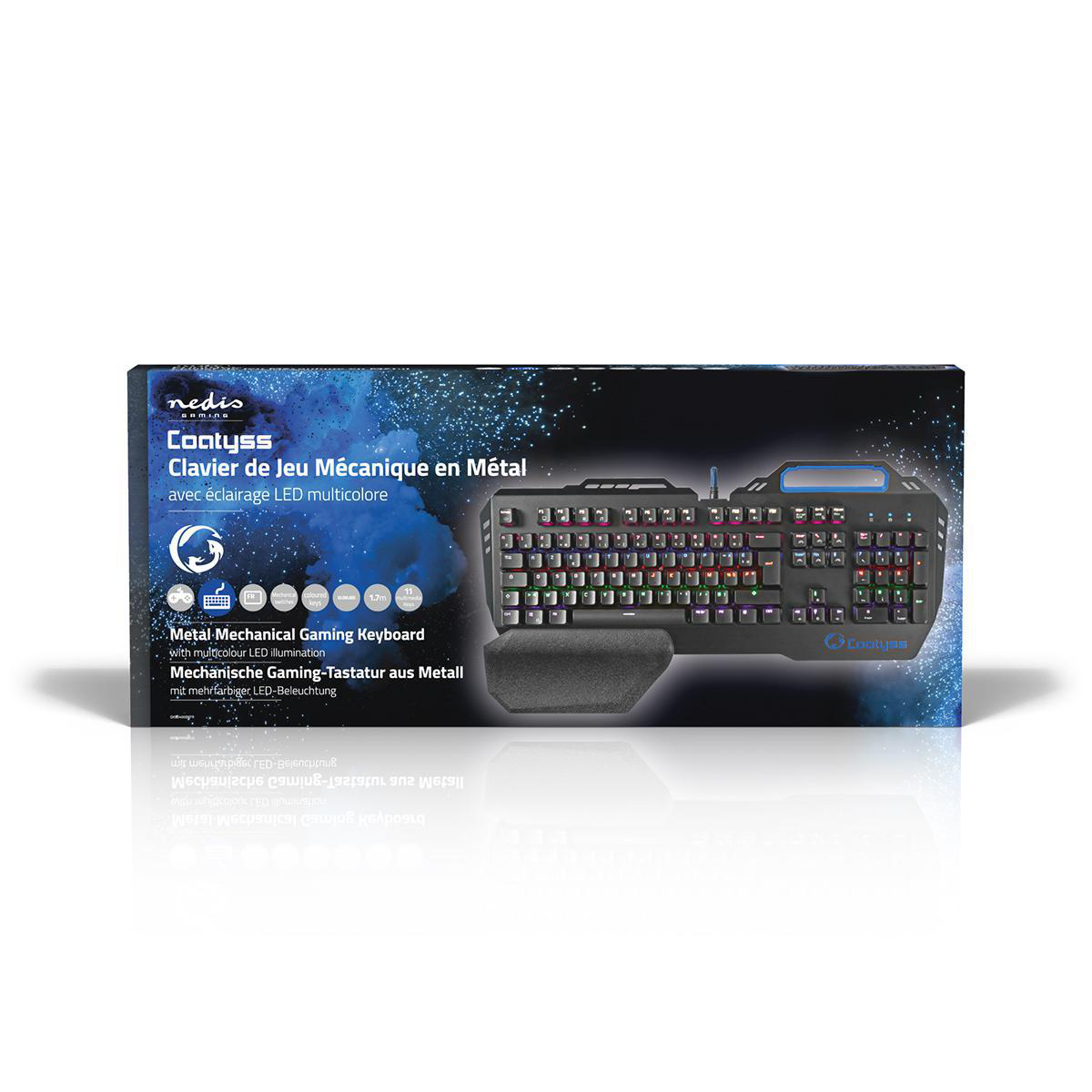 Eine schwarz-blaue Box mit einem Tastaturbild. Es ist eine mechanische Gaming-Tastatur aus Metall.