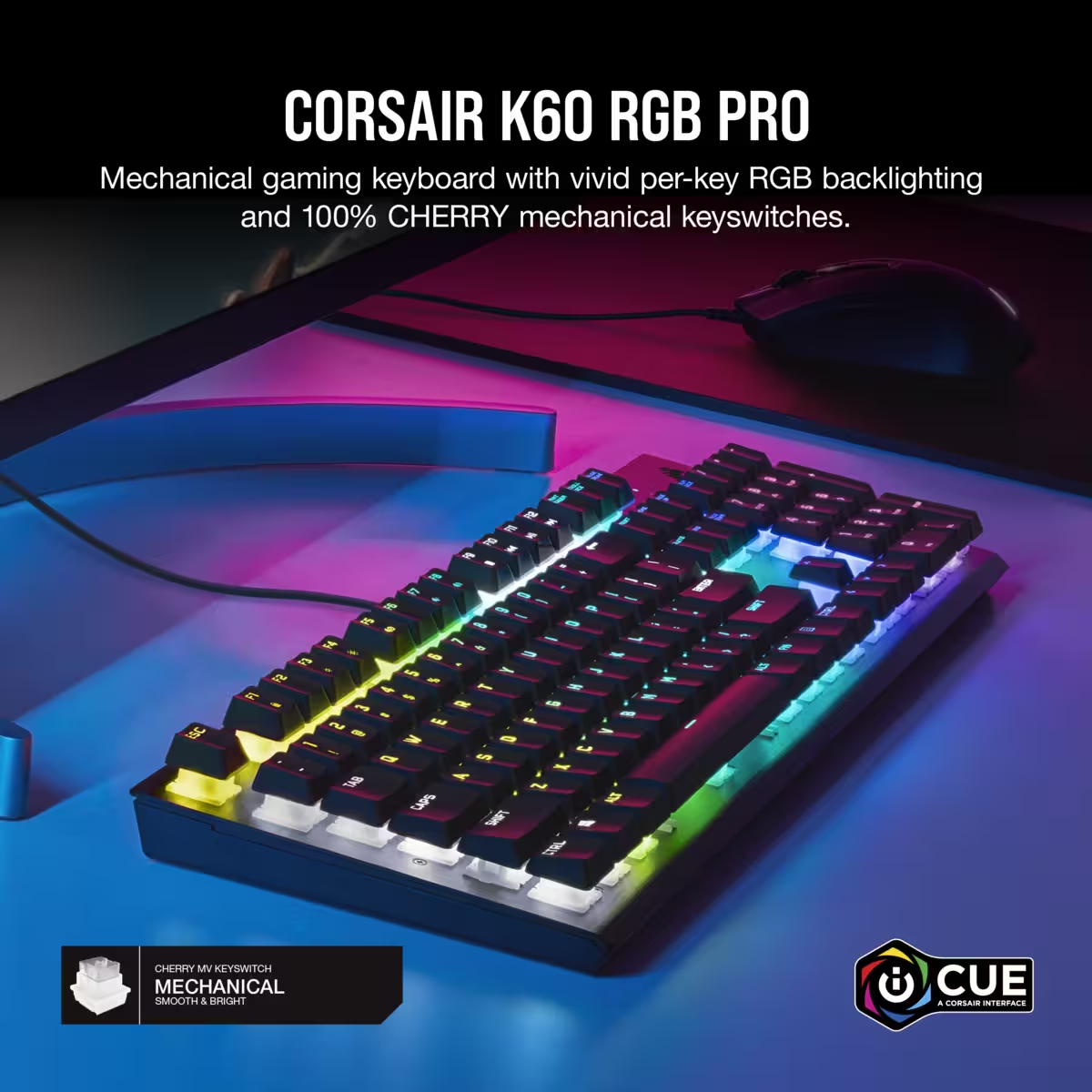 Klawiatura Corsair K60 RGB PRO z kolorowym podświetleniem, klawiszami i brandingiem.