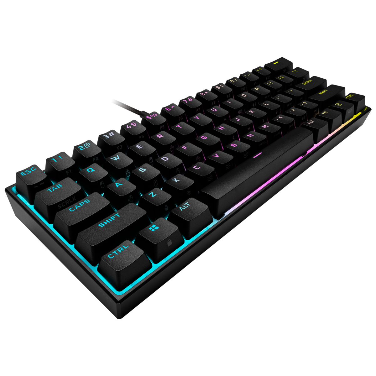 Schwarze Tastatur mit beleuchteten Tasten. Die Tasten sind klein und das Board hat ein minimalistisches Design.