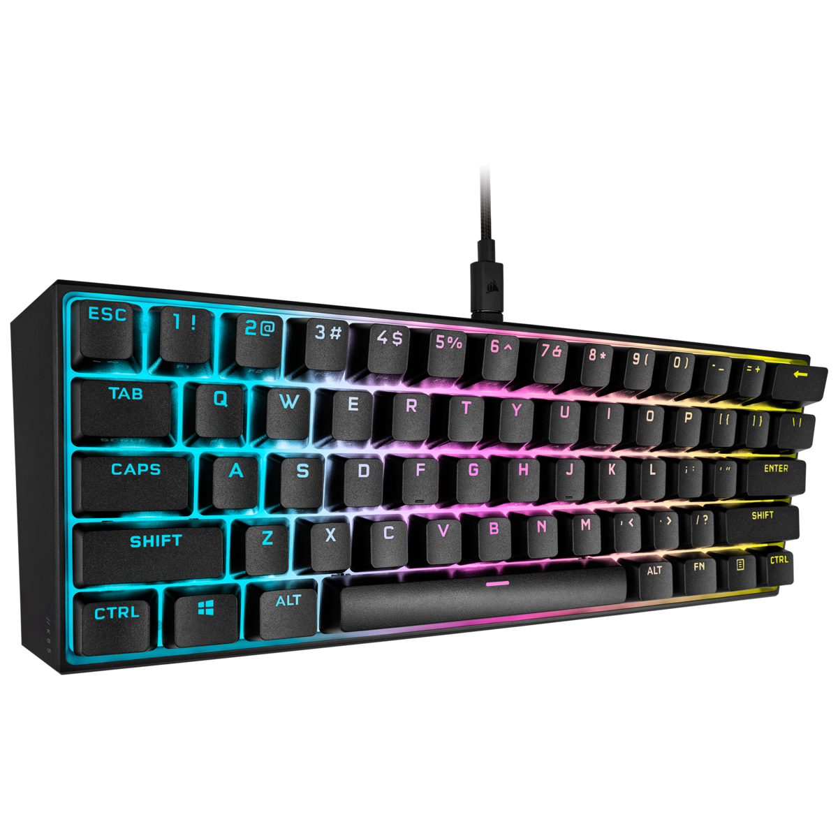 Eine kompakte, schwarze Tastatur mit bunten Tasten. Die Tasten sind mit verschiedenen Farben hinterleuchtet.