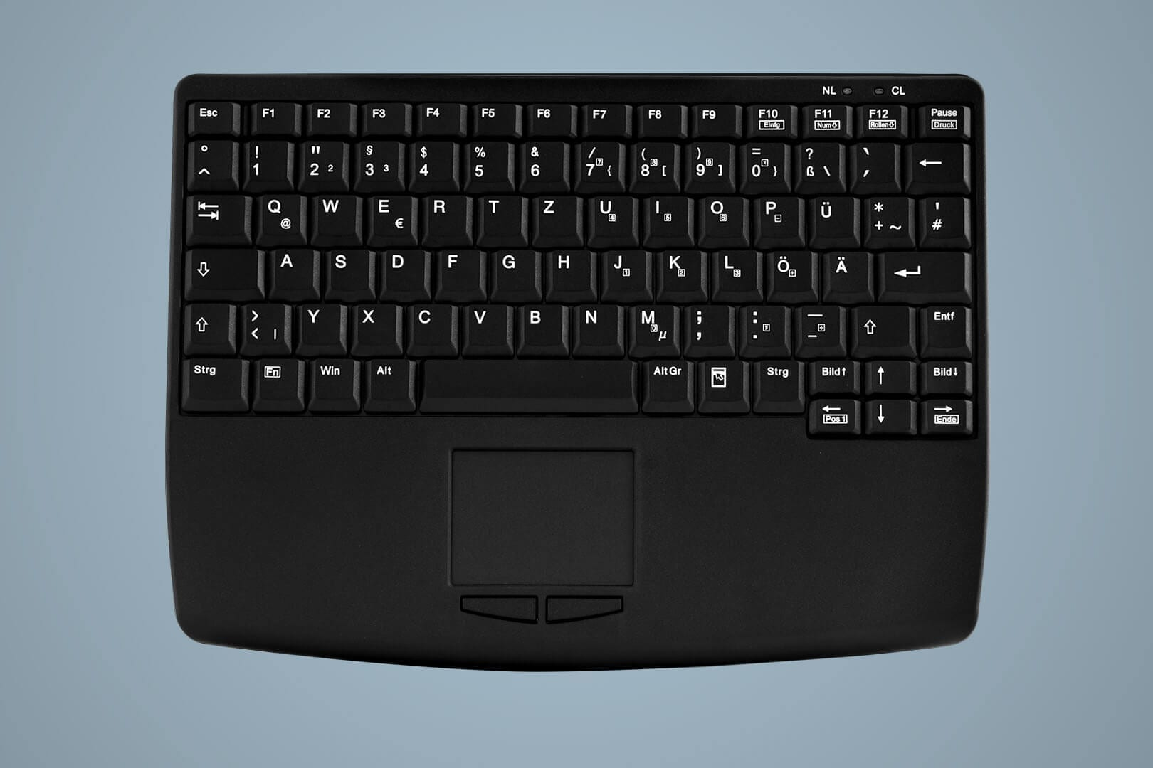 Una tastiera nera con touchpad, tasti con lettere bianche su sfondo grigio.
