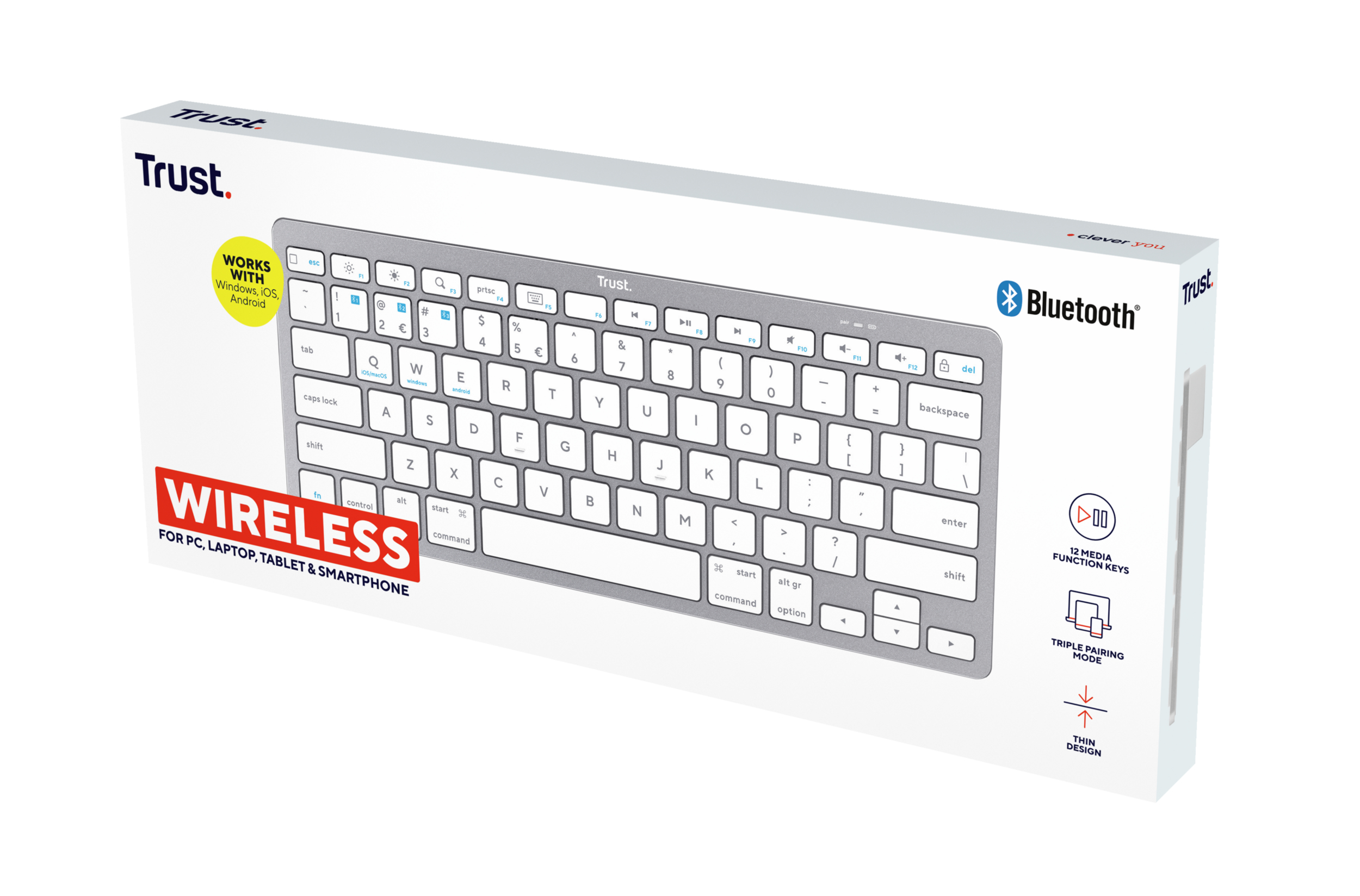 Boxed silver wireless keyboard with white keys.