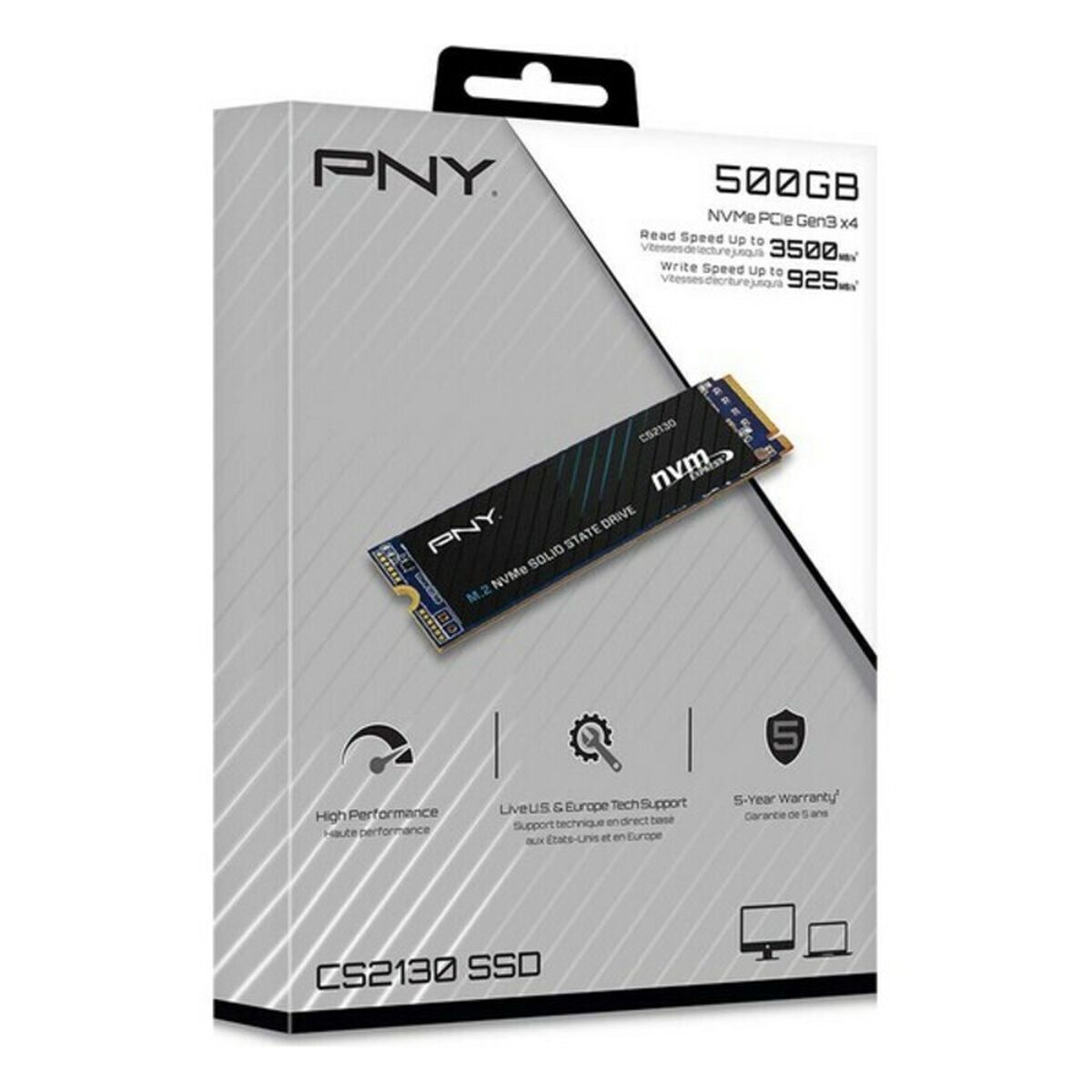 Una scatola bianca e blu per un SSD PNY NVMe PCIe Gen3x4, con testo e grafica.