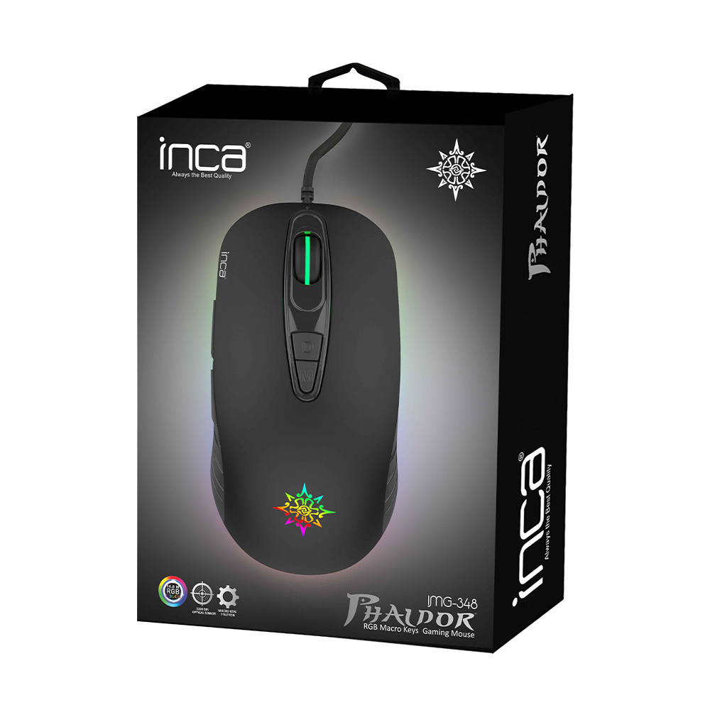 Gaming-Maus im Karton mit RGB-Beleuchtung, schwarzer Hintergrund.