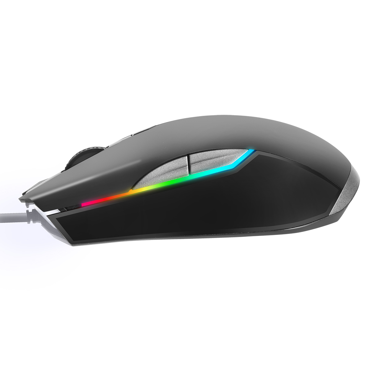 Un ratón para juegos negro con diseño curvo y luces LED multicolores. Tiene múltiples botones y conexión por cable.