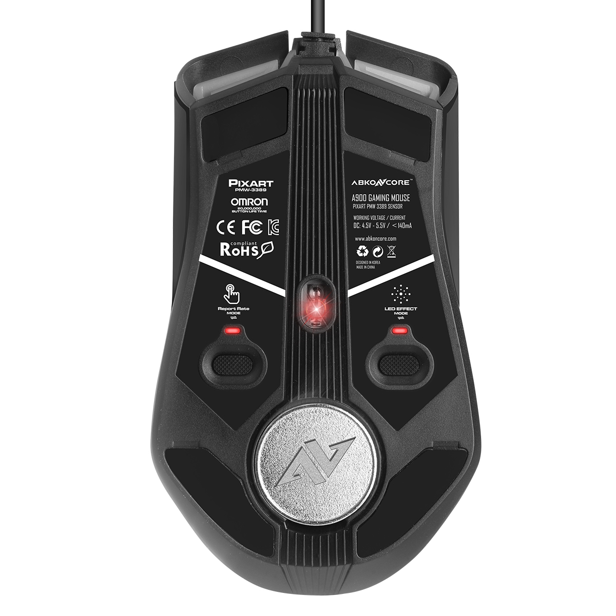 Parte inferior de un ratón gaming negro con varios botones y logotipos.
