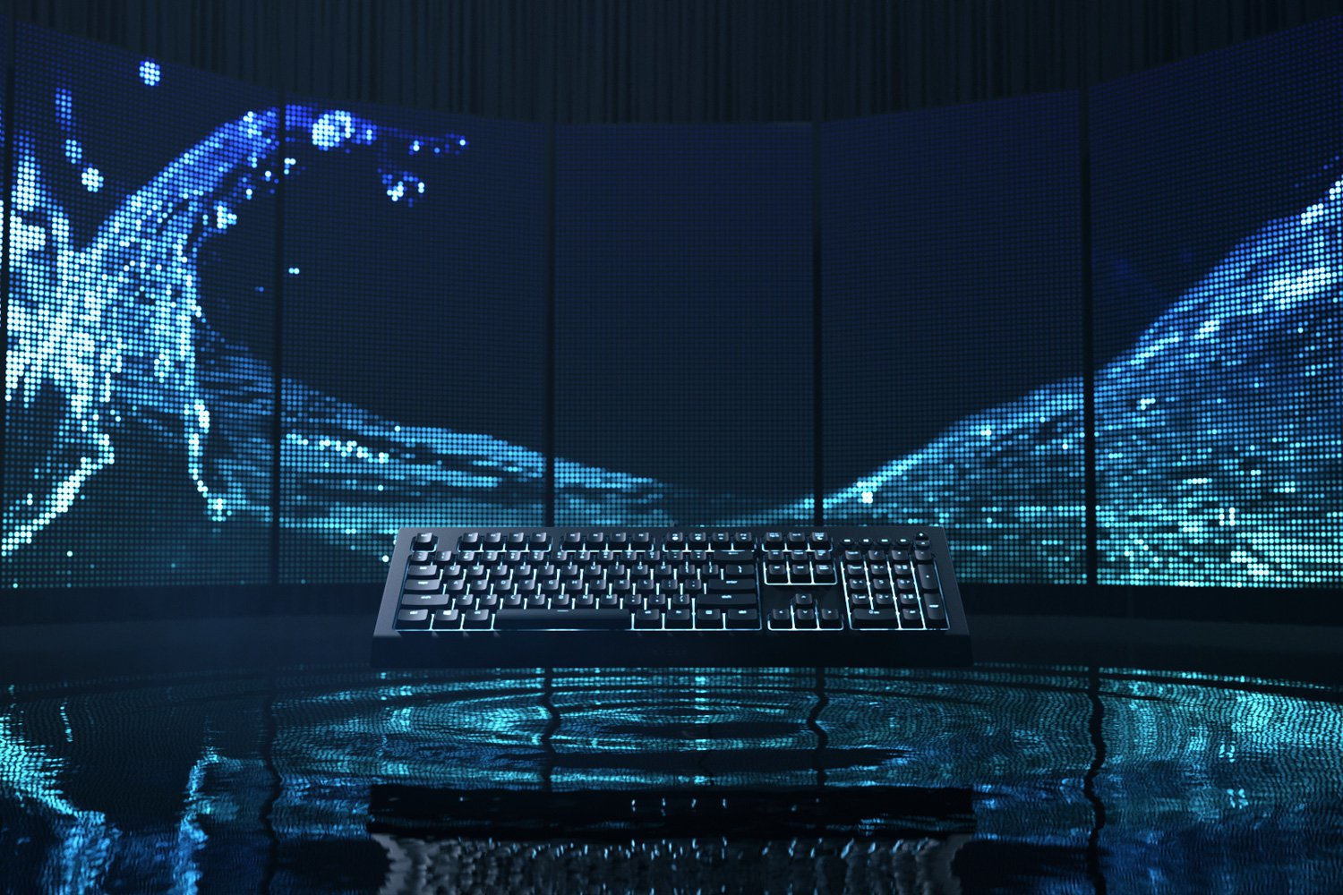 Eine schwarze Tastatur spiegelt sich im Wasser vor einem blauen digitalen Hintergrund.