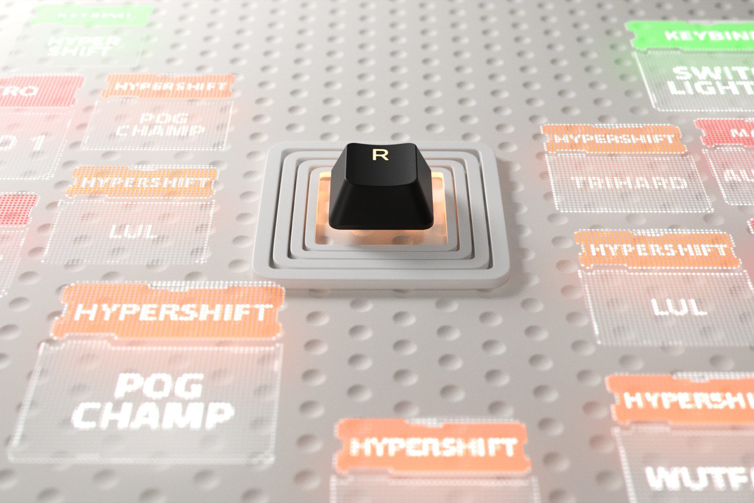 Nahaufnahme der Tastaturtaste 'R'. Die Taste leuchtet orange.