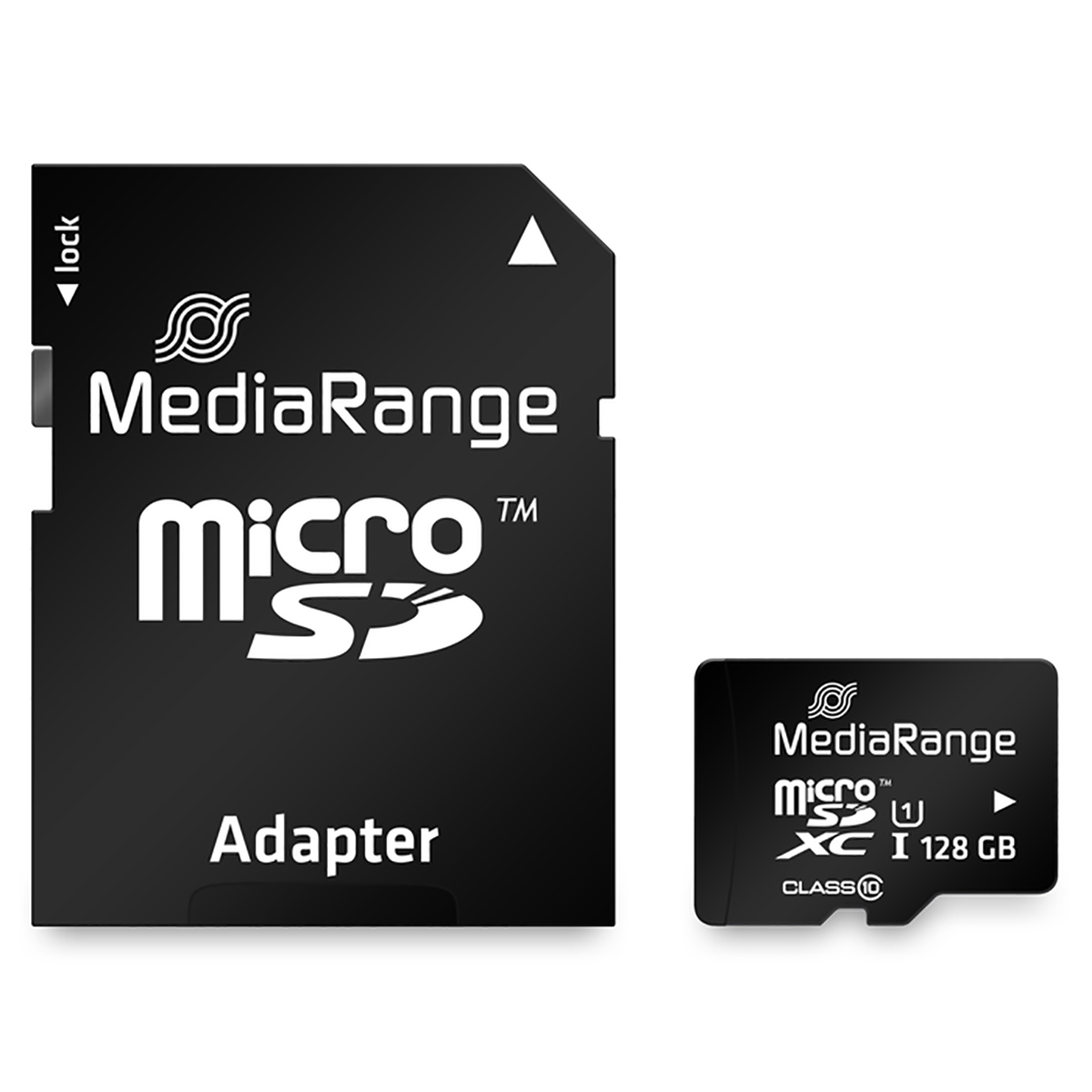 Schwarze Micro-SD-Karte und Adapter mit der Aufschrift 'MediaRange'. Micro-SD-Karte ist 128 GB.