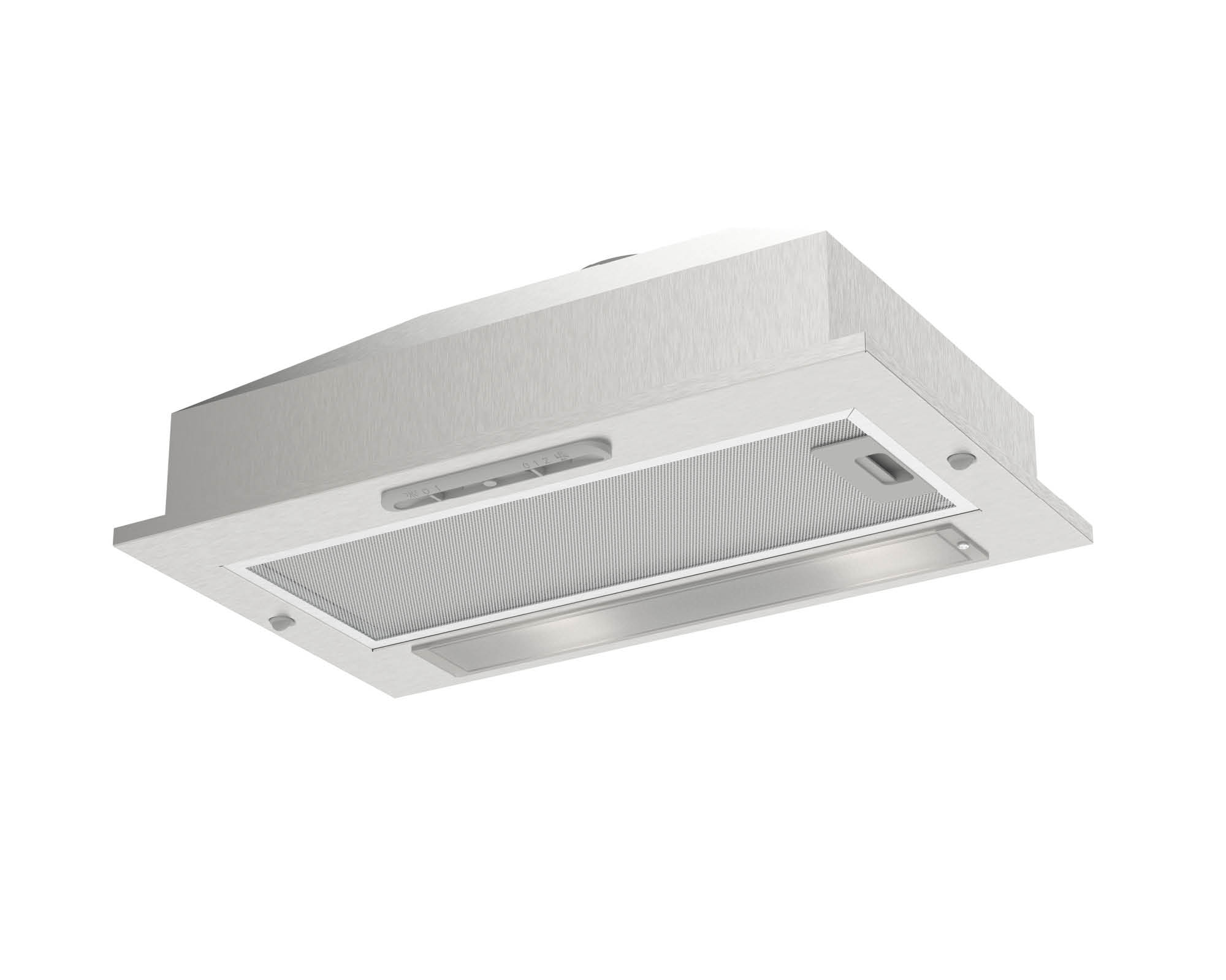Campana extractora blanca. Forma rectangular, con ventilación plateada y botones de control en la parte inferior.