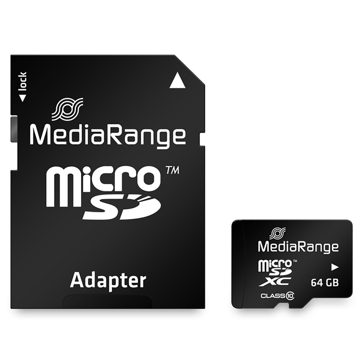Schwarze MediaRange Micro SD-Karte und Adapter. Beide sind schwarz mit weißem Text.