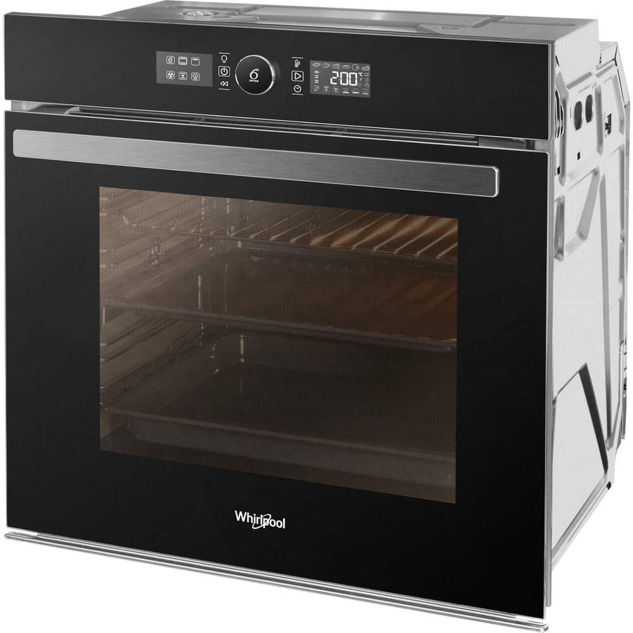 Forno a incasso nero. Mostra interno e pannello comandi. Dettagli in acciaio inox.