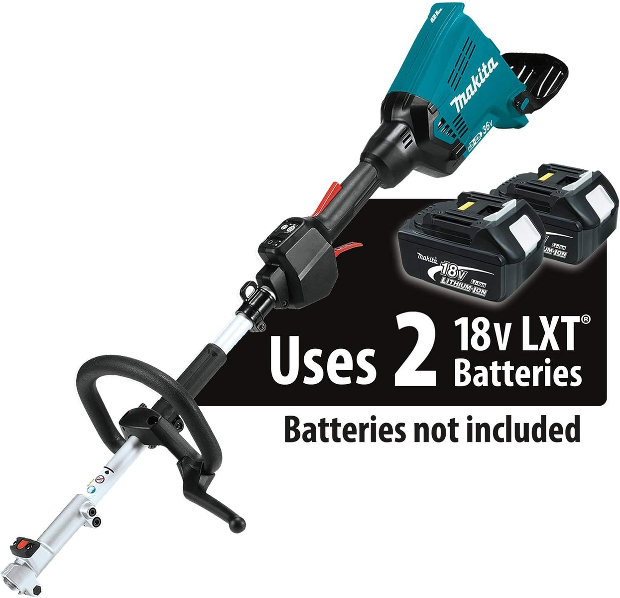 Un decespugliatore a filo Makita con due batterie. Testo: Usa 2 batterie LXT 18V, batterie non incluse.