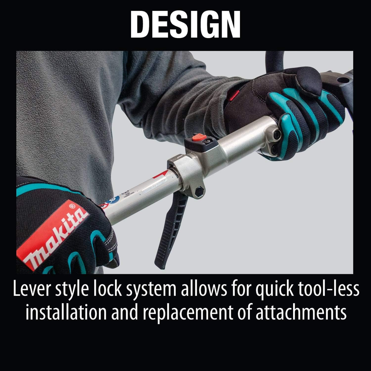 Mani che tengono un utensile Makita, sistema di bloccaggio a leva visibile. Guanti neri con accenti turchesi.