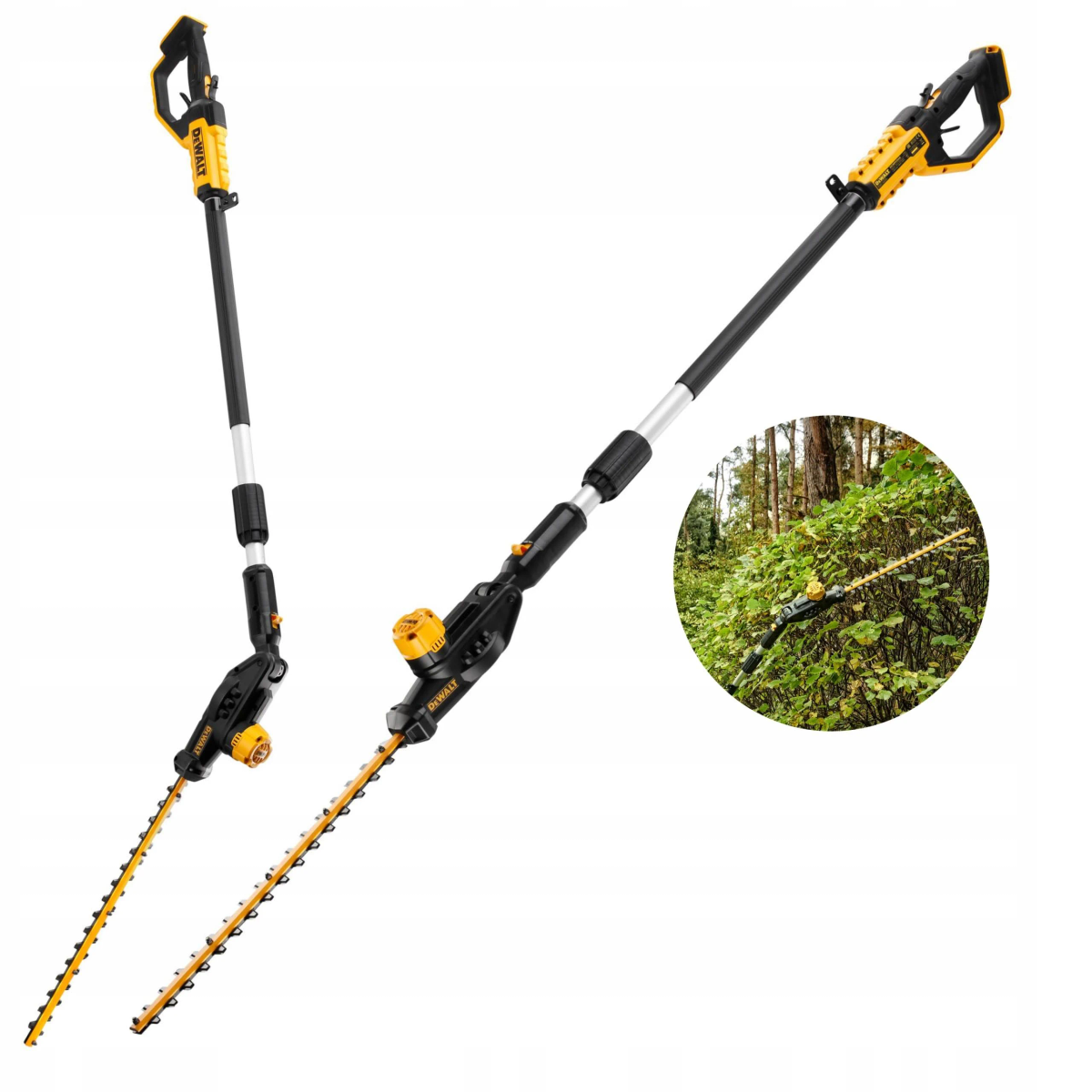 Dwa nożyce do żywopłotu DeWalt. Jedna zmontowana, druga złożona, z żywopłotem w tle.