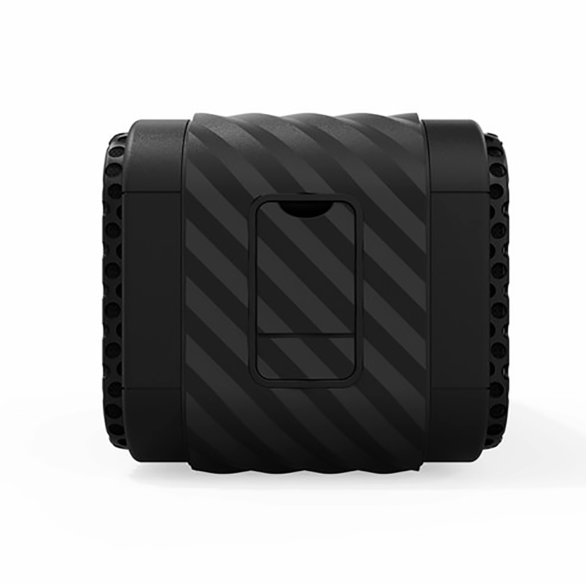 Czarny głośnik z ukośną teksturą. Okrągłe perforacje z boku.