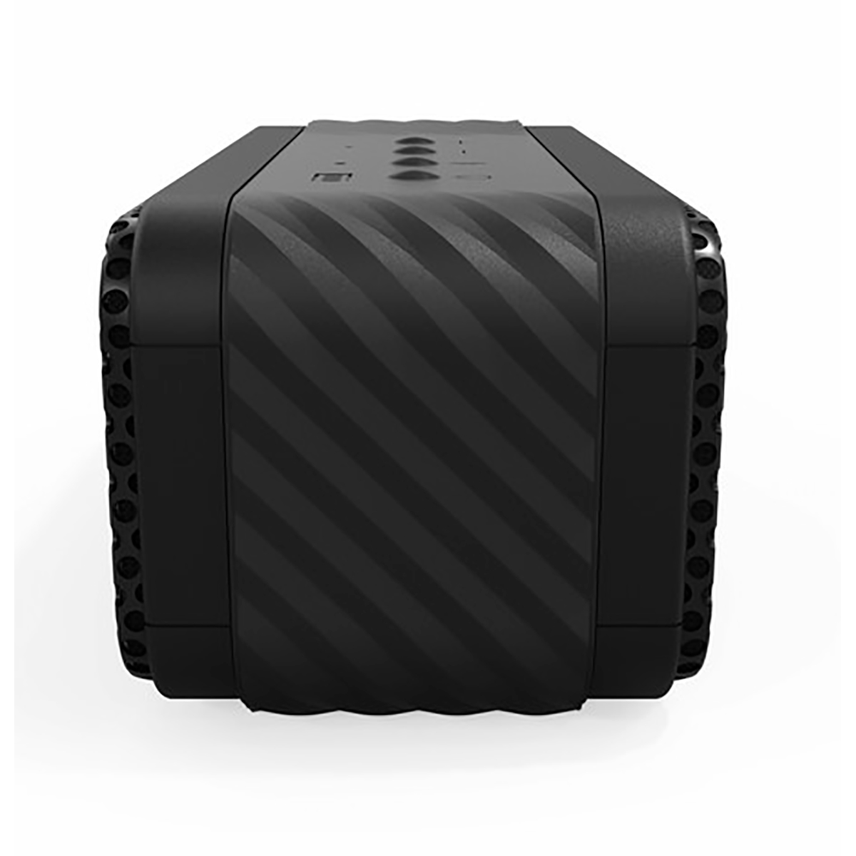 Czarny głośnik z wzorzystą powierzchnią. Widok pod kątem. Widoczne przyciski sterowania.