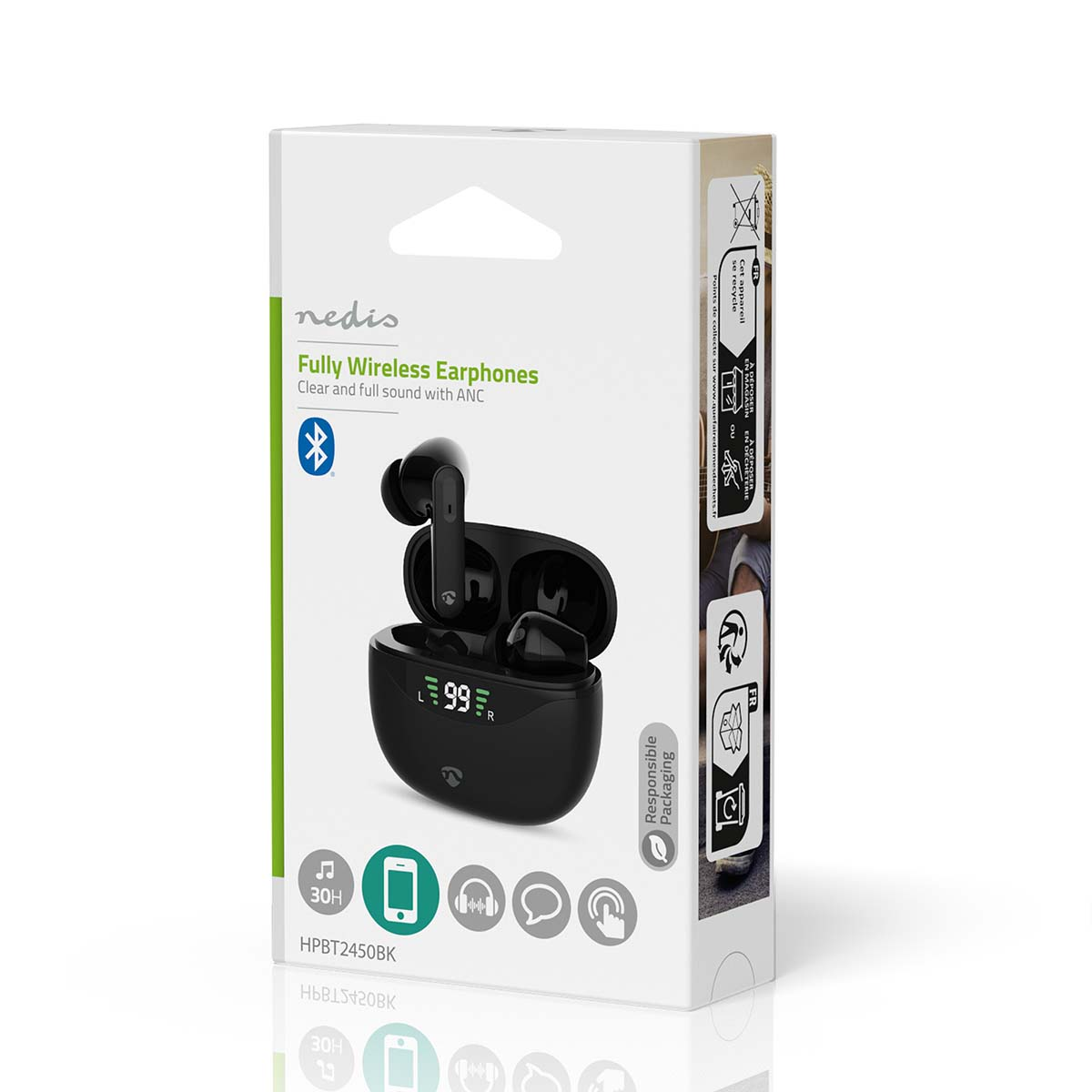 Weiße Box mit schwarzen kabellosen Ohrhörern, mit geöffnetem Etui. Verpackung: 'Fully Wireless Earphones'.
