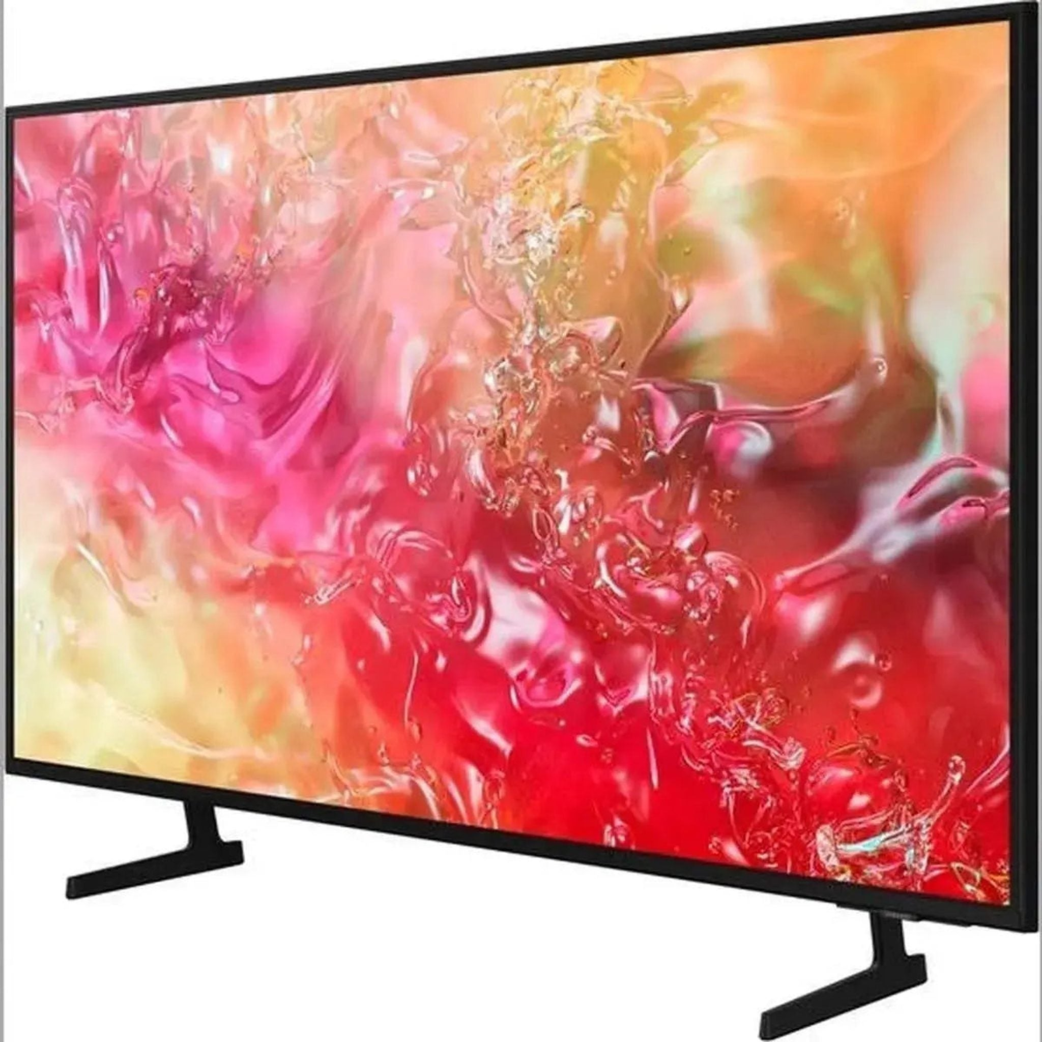 Un televisor de pantalla plana negro grande con una imagen abstracta y colorida en la pantalla.
