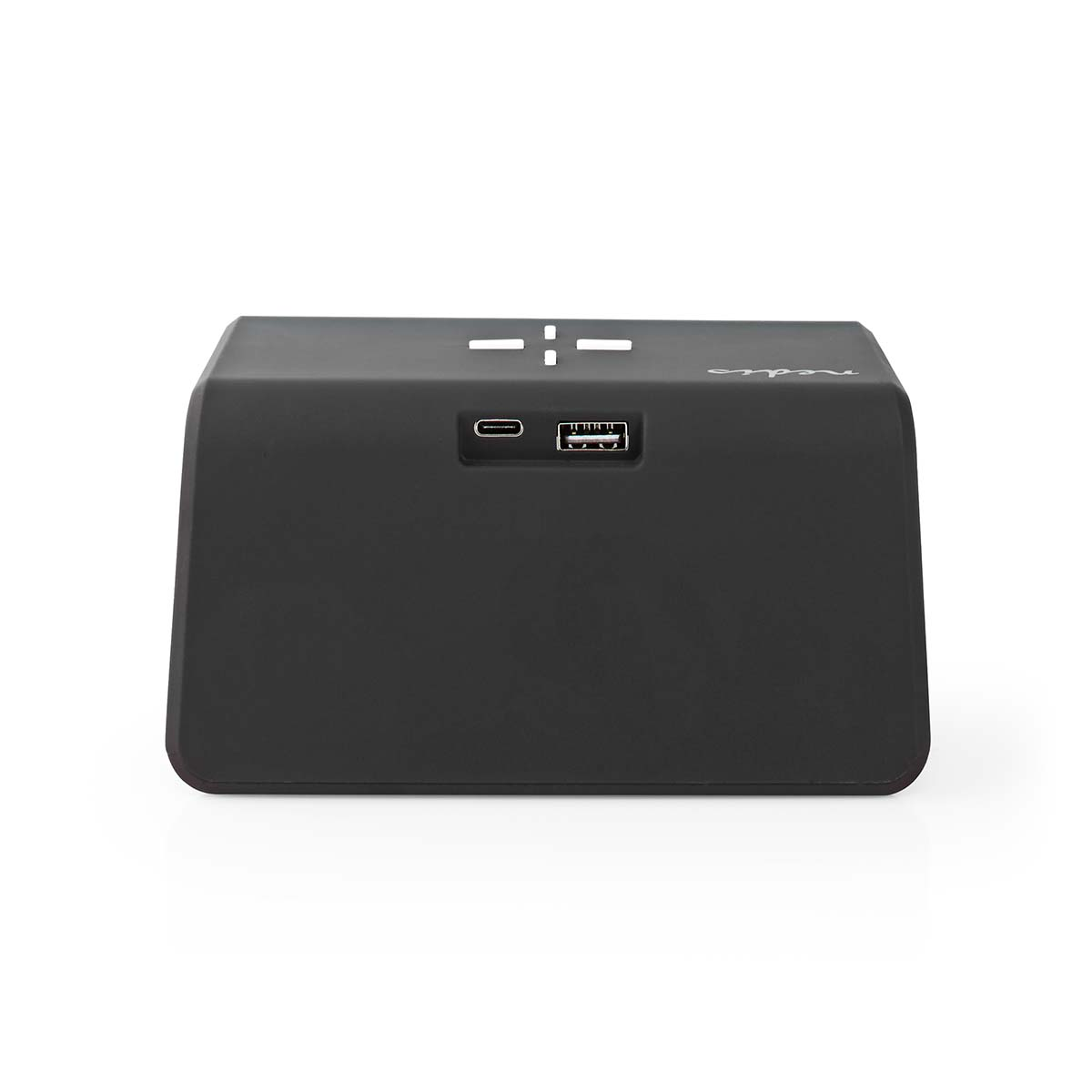 Ein schwarzes, rechteckiges Gerät mit USB-Anschluss und zwei weißen Streifen oben.