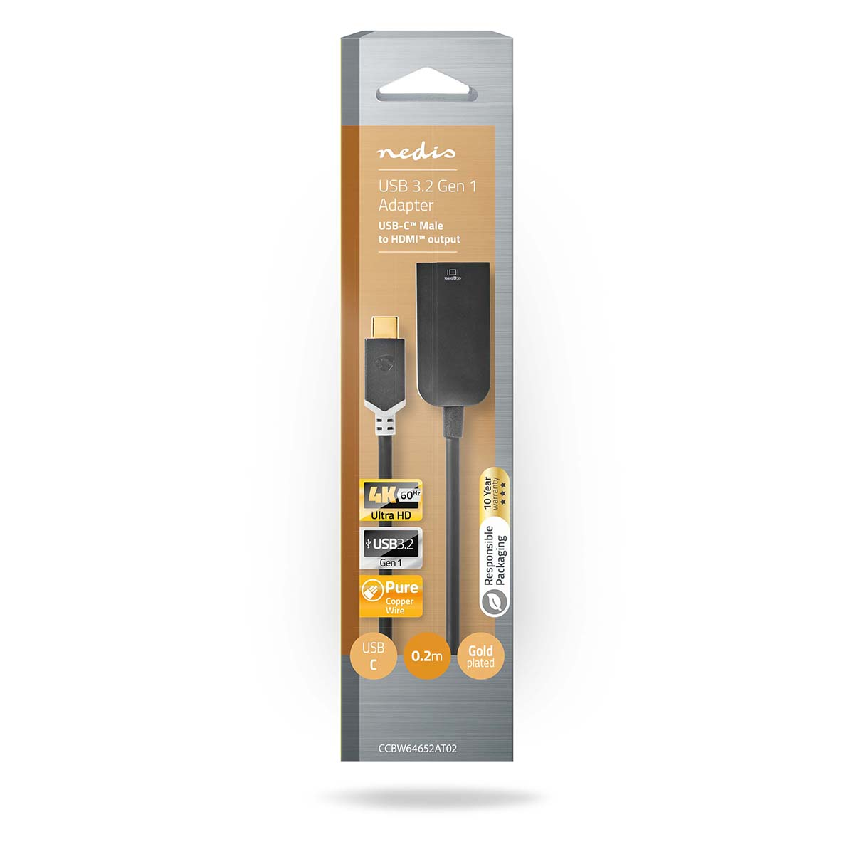 USB-C-zu-HDMI-Adapter in Verpackung, zeigt Kabel- und Anschlussinformationen.