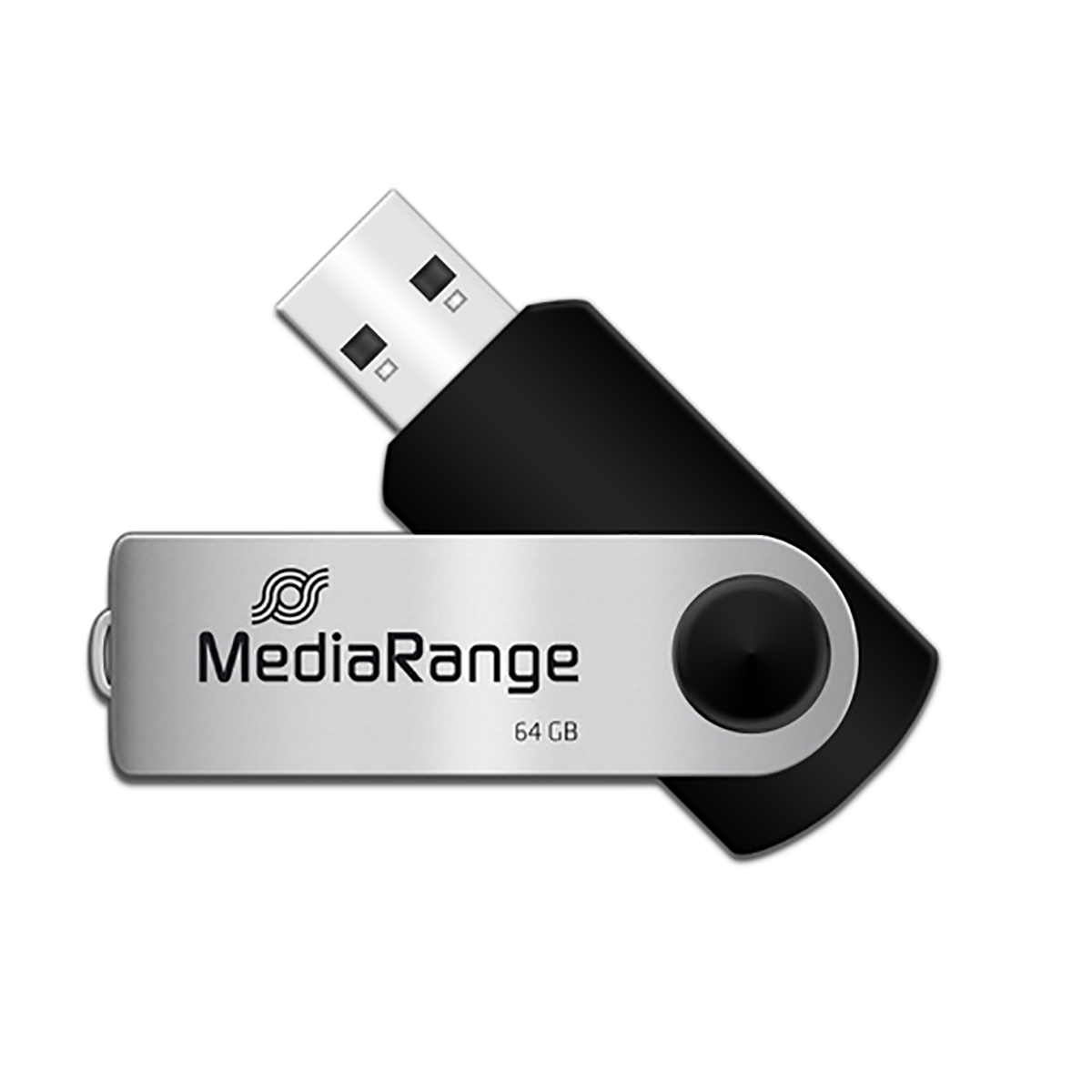 Czarny i srebrny pendrive USB. Marka MediaRange i 64 GB są na nim wydrukowane.