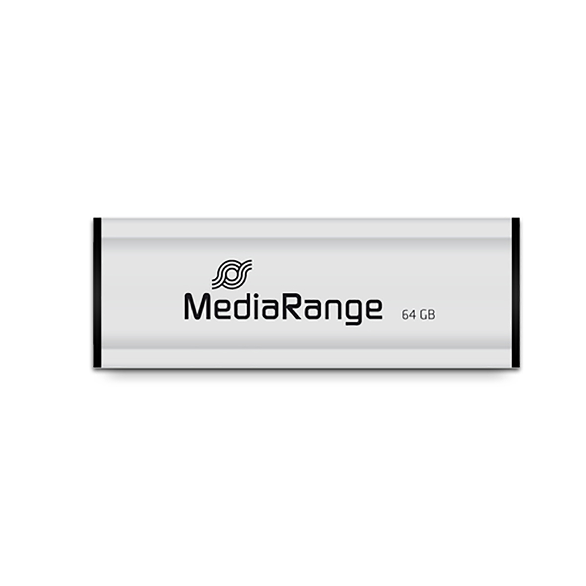 Srebrny pendrive MediaRange 64 GB. Logo MediaRange i pojemność są na nim nadrukowane.
