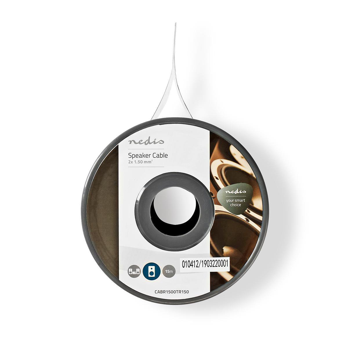 Speaker cable reel. Brown cable, gray reel, white background. Brand and specifications are visible.