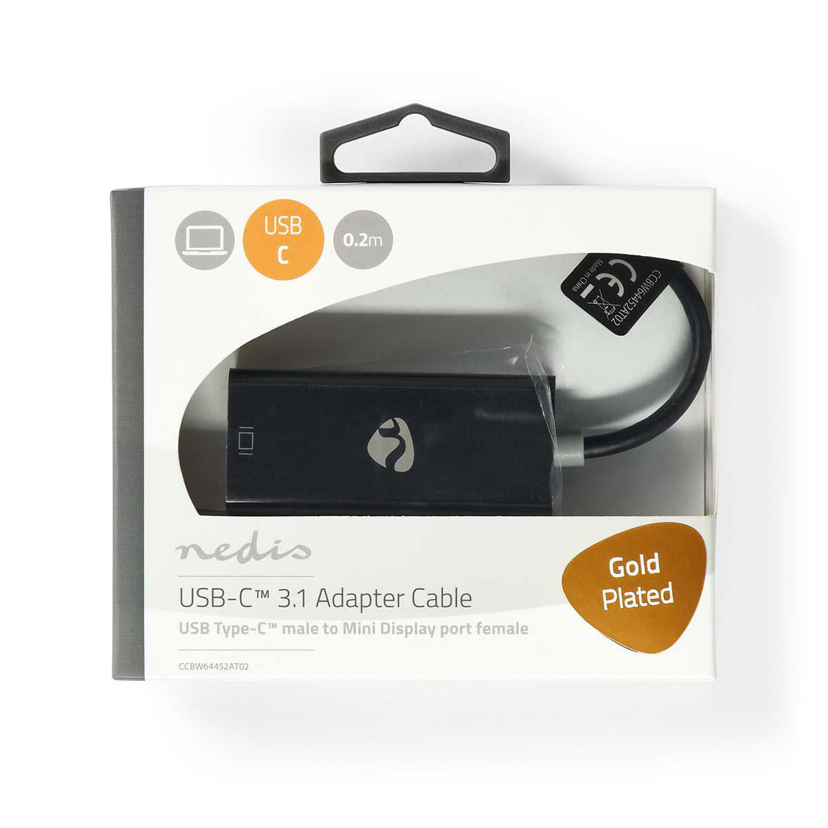 Schwarzes USB-C-Adapterkabel in einer Box. Es ist ein USB-C 3.1 Adapterkabel. Die Verpackung ist weiß.
