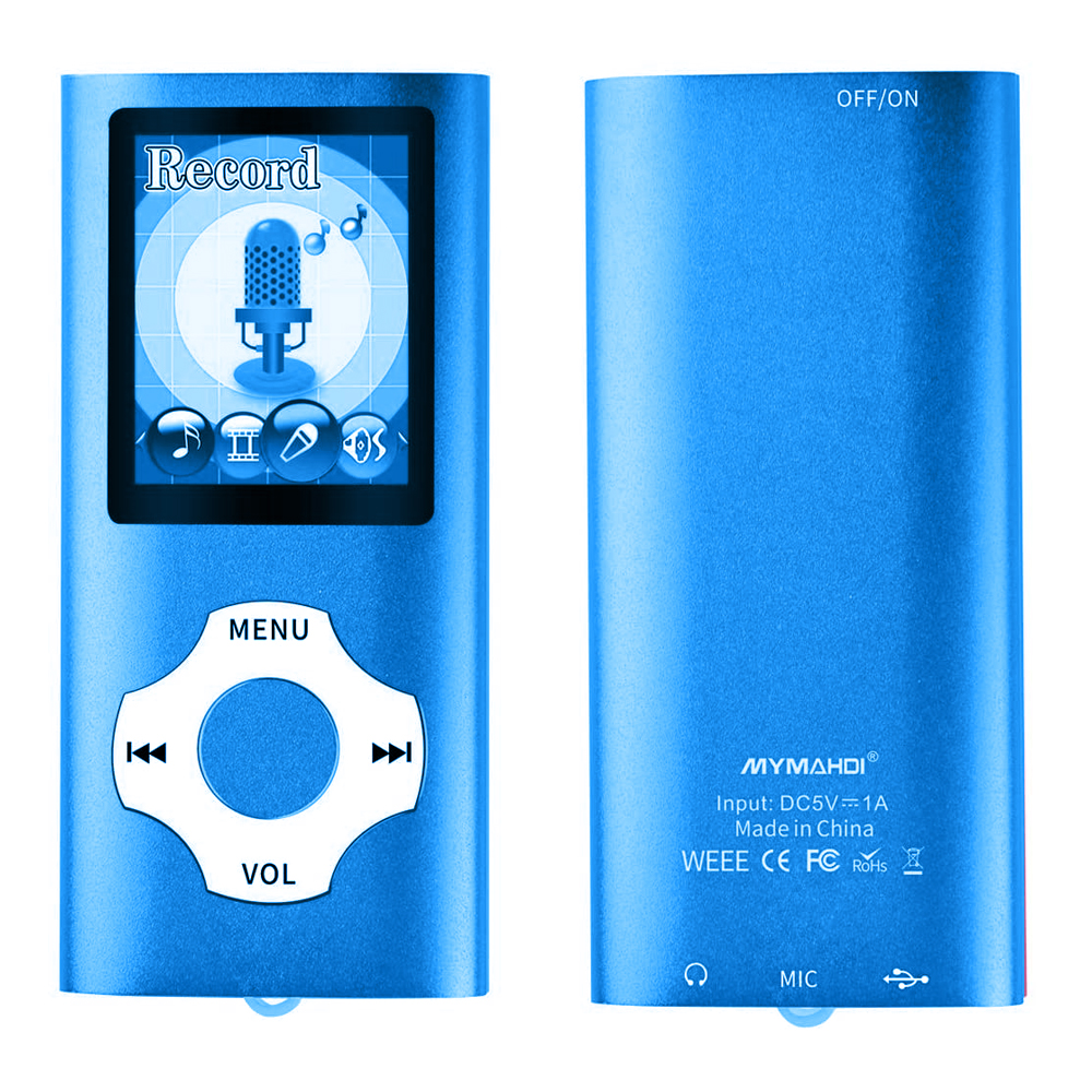 Blauer MP3-Player, Vorder- und Rückseite zeigend, mit Bildschirm und Bedienelementen auf der Vorderseite.