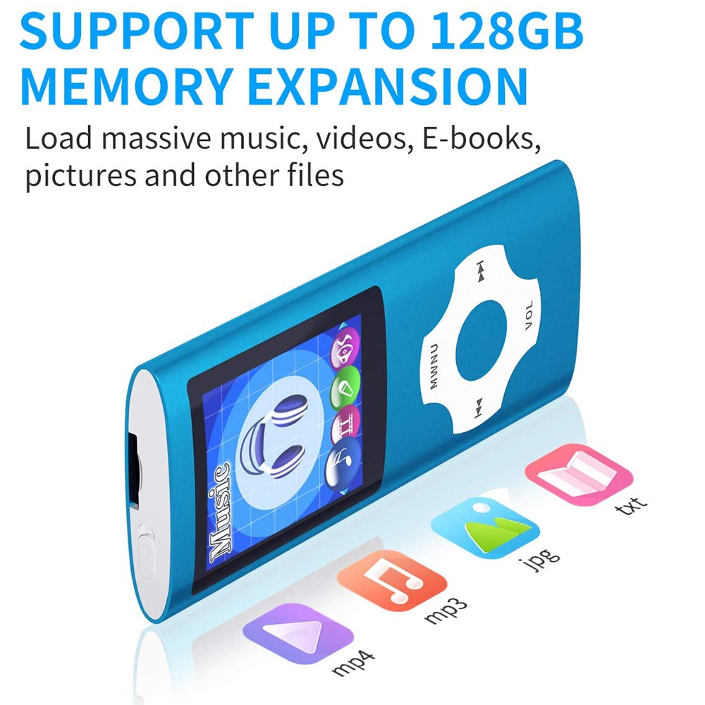 Blauer MP3-Player mit Bildschirm. Text: Bis zu 128 GB Speicher. Symbole für mp4, mp3, jpg und txt.