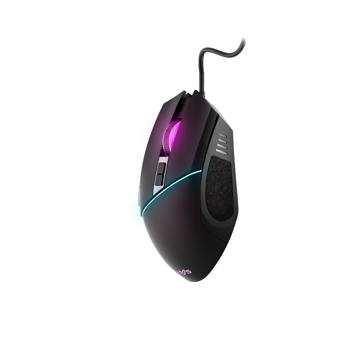 Ratón gaming negro con iluminación morada y azul.