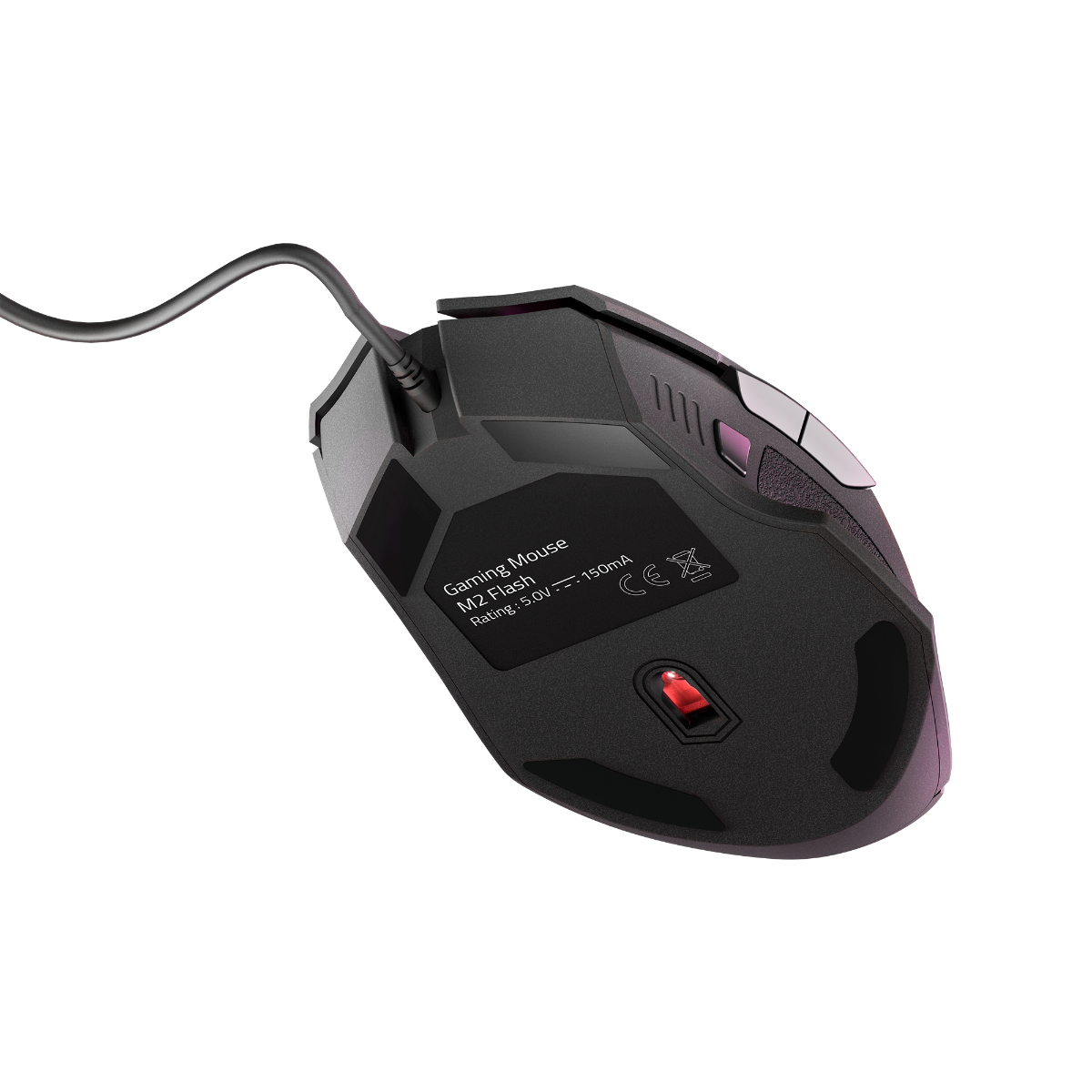 Ratón gaming negro con botón rojo y cable negro.