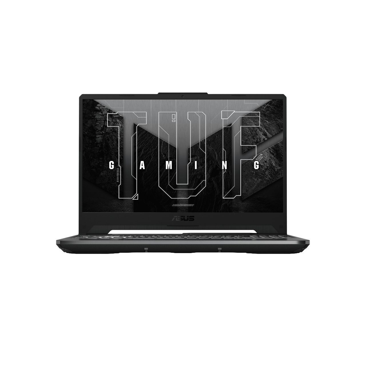 Czarny laptop ze słowem TUF na ekranie. Logo ASUS jest widoczne. Ciemne tło.