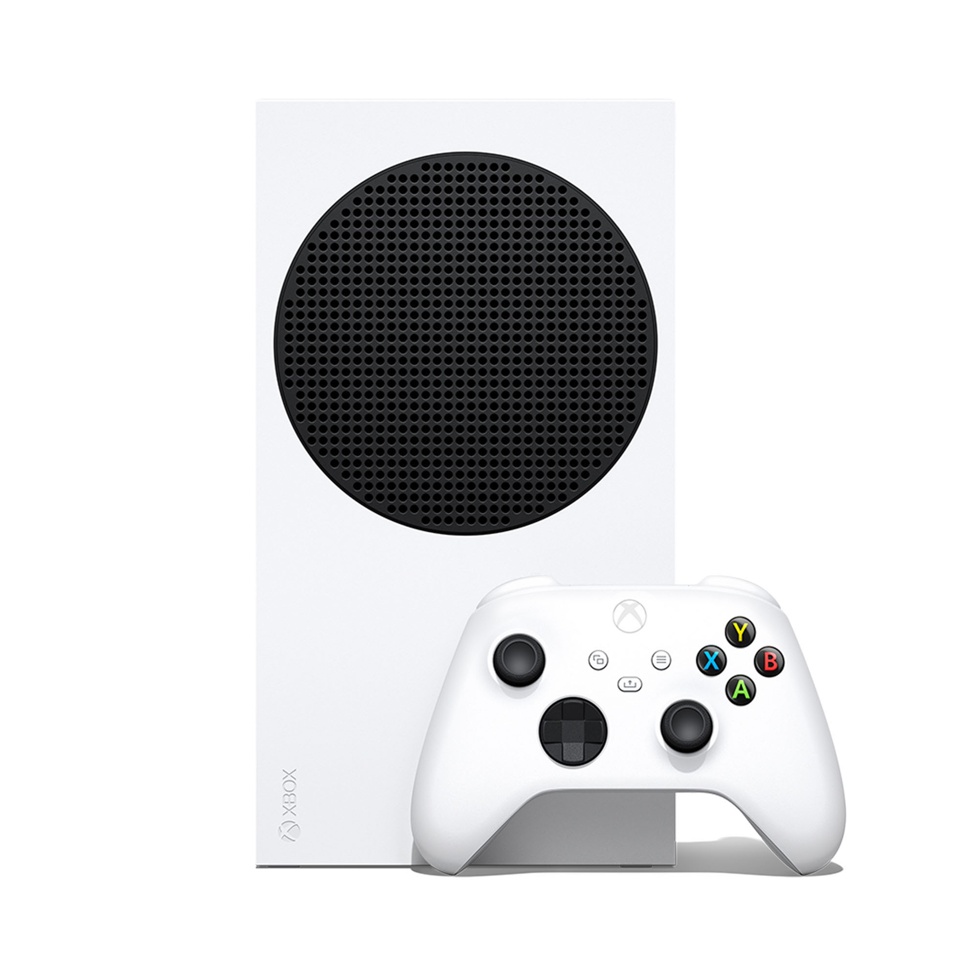 Witte Xbox Series S console en controller op witte achtergrond.