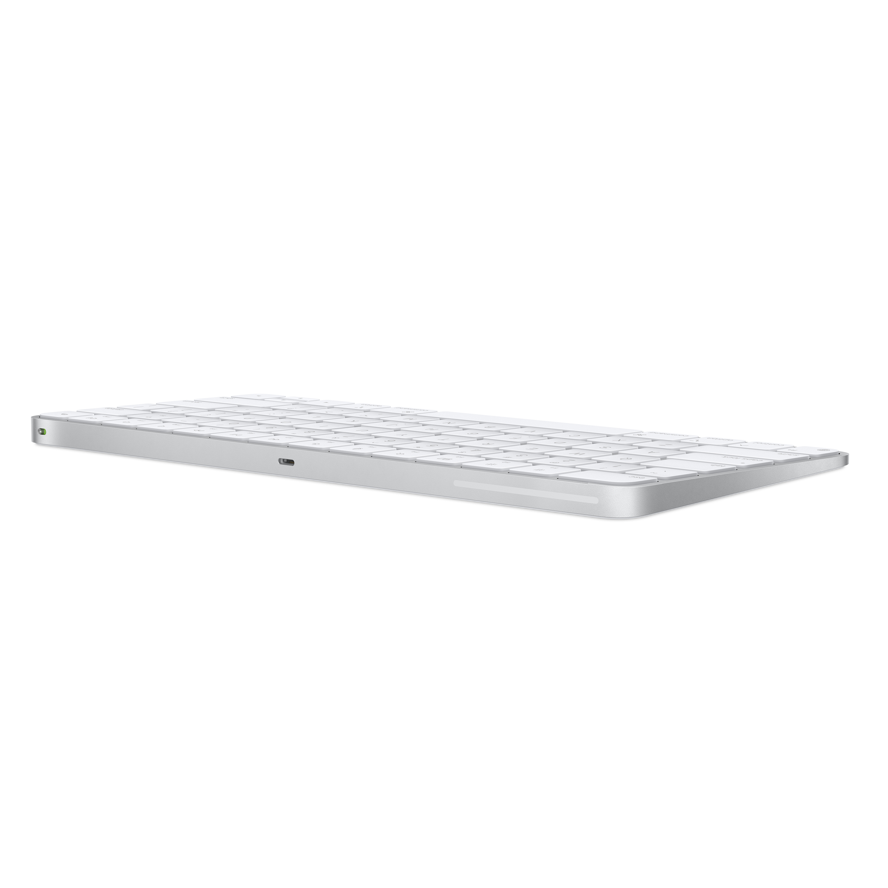 Een zilverkleurig en wit toetsenbord op een witte achtergrond. Het is een low-profile toetsenbord.
