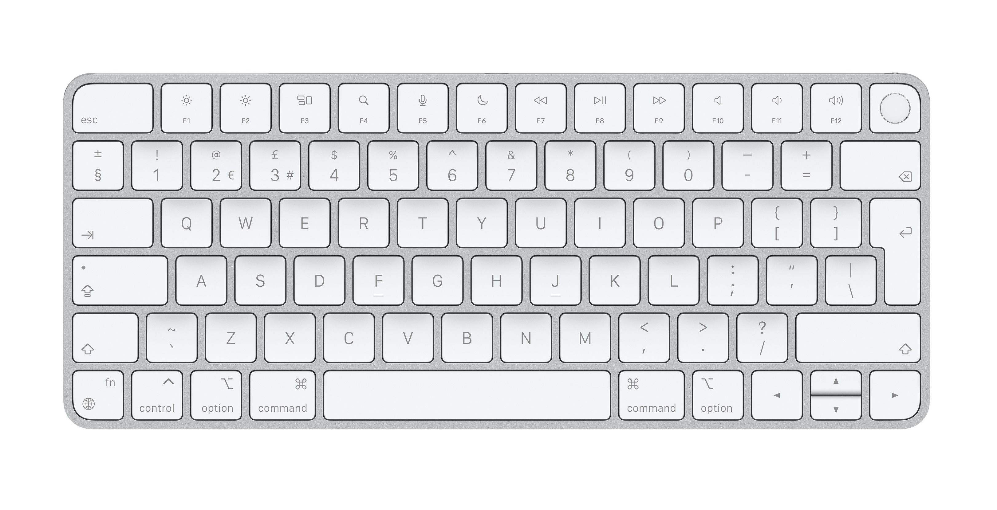 Srebrna klawiatura bezprzewodowa, z białymi klawiszami i białą obwódką.