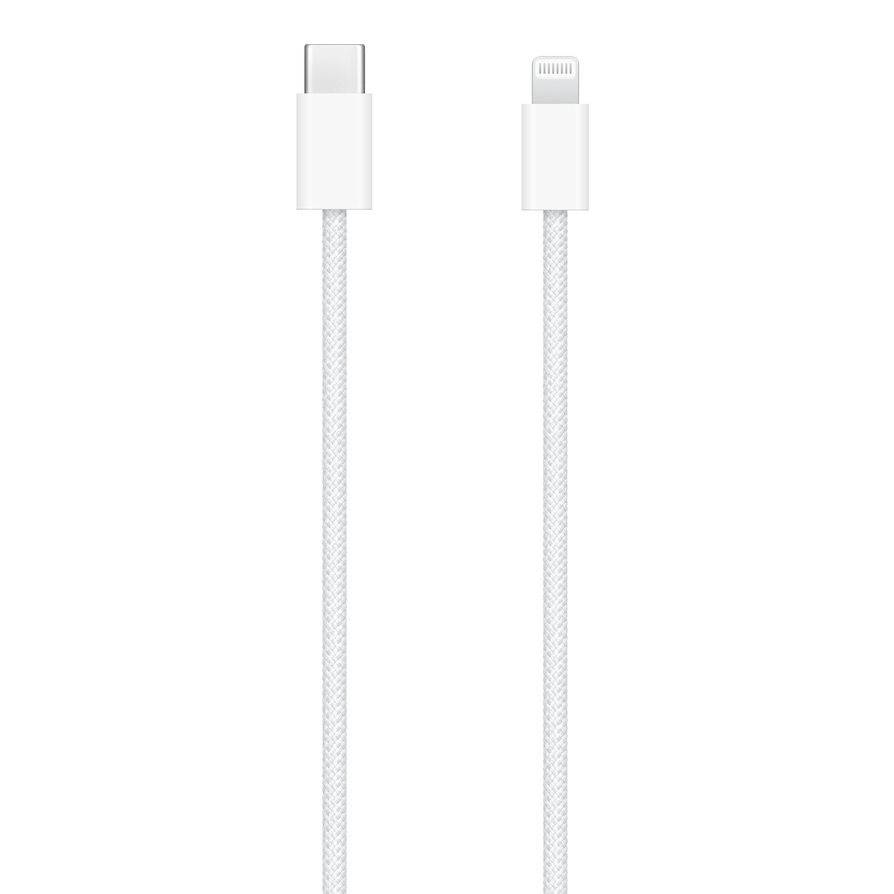 Zwei weiße Ladekabel. Eines ist USB-C, das andere ein Lightning-Kabel, mit sichtbaren Anschlüssen.