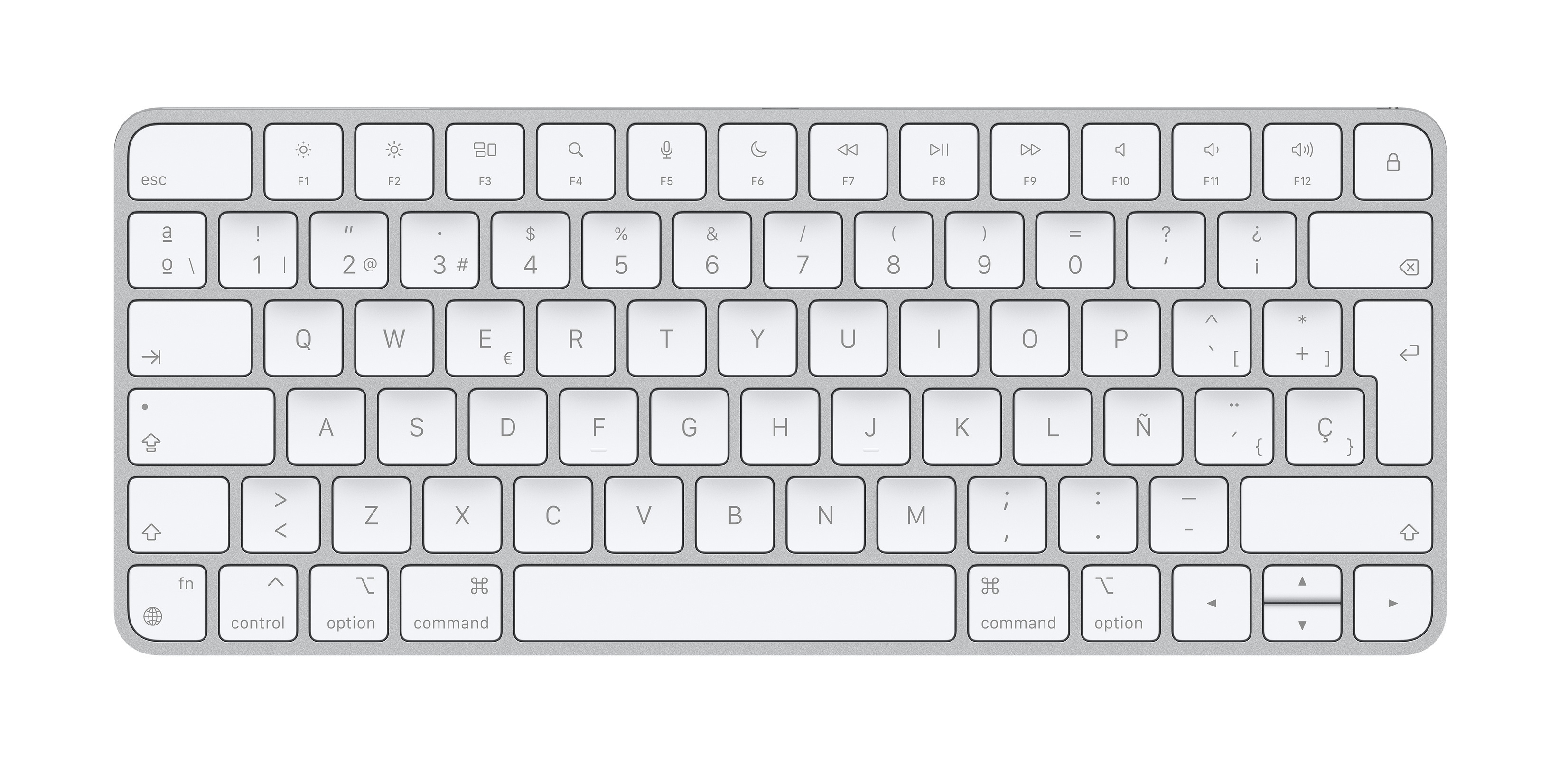 Teclado Apple plateado con teclas blancas, vista superior.