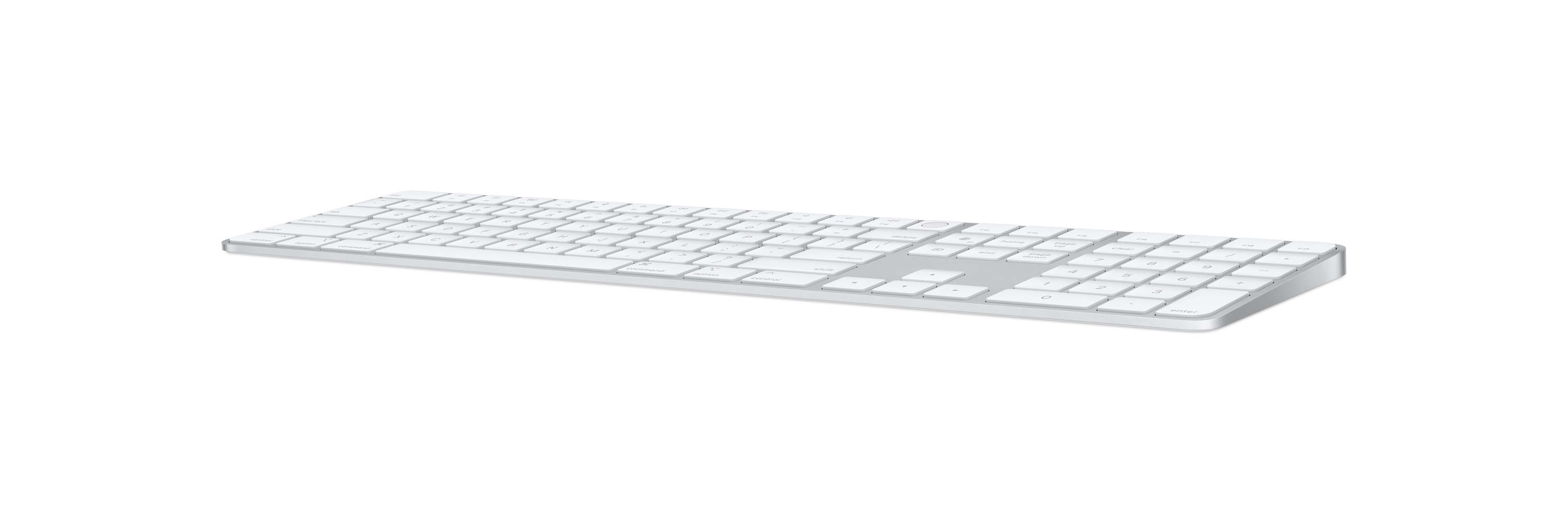 Biała klawiatura Apple Magic z klawiaturą numeryczną. Klawiatura jest cienka i ma minimalistyczny design.